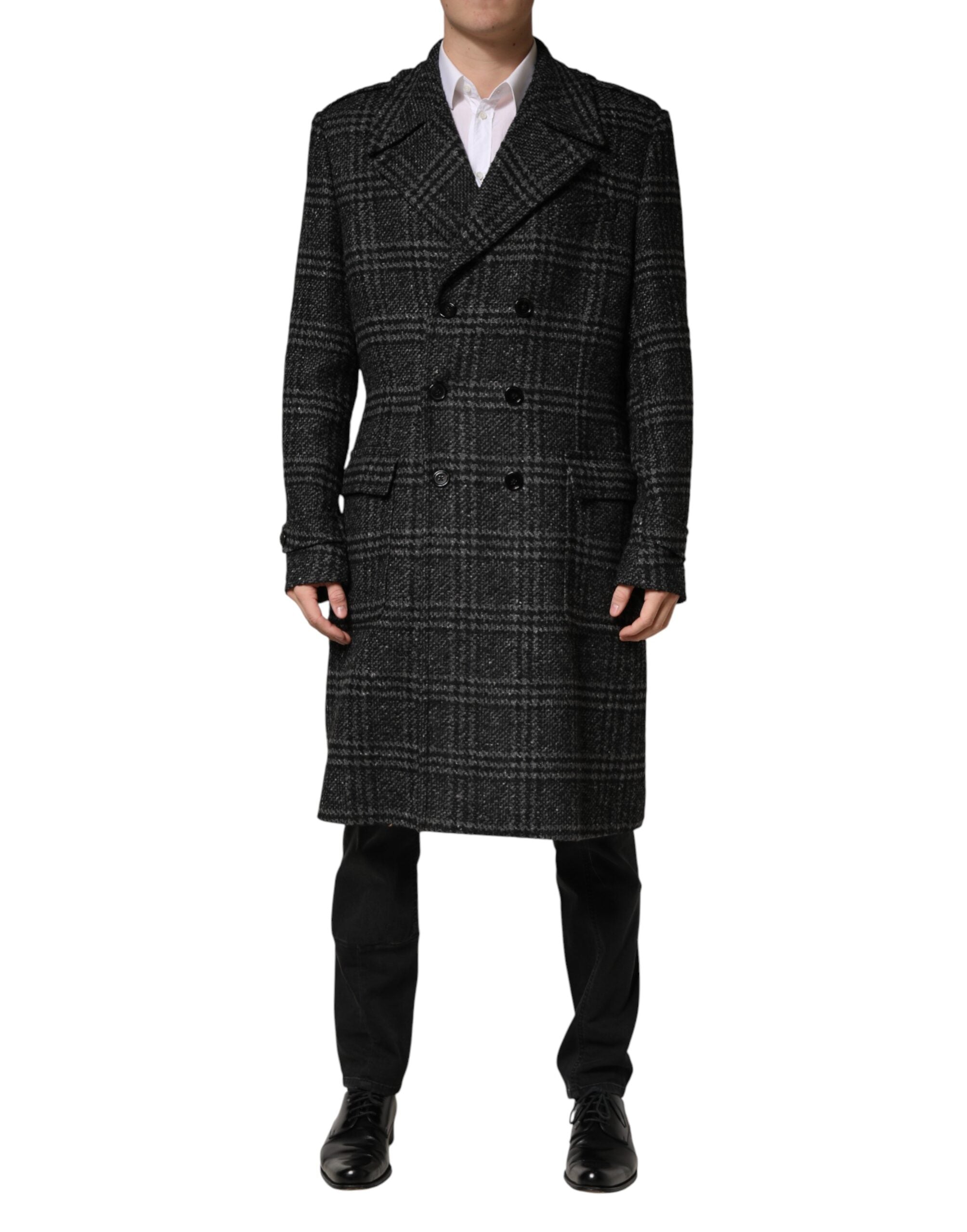 Dolce & Gabbana Grey Double-Breasted Plaid Wool Coat-2