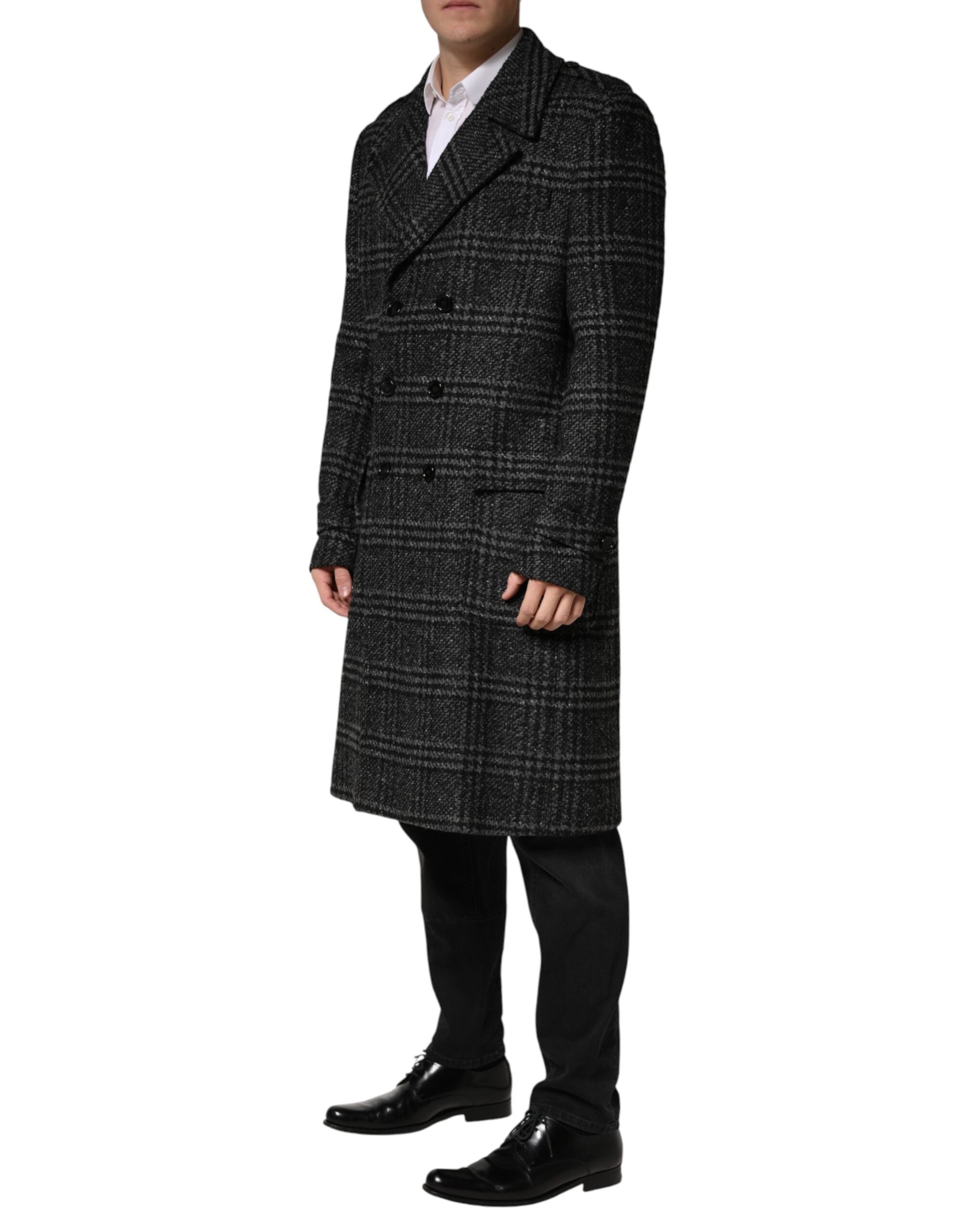 Dolce & Gabbana Grey Double-Breasted Plaid Wool Coat-3