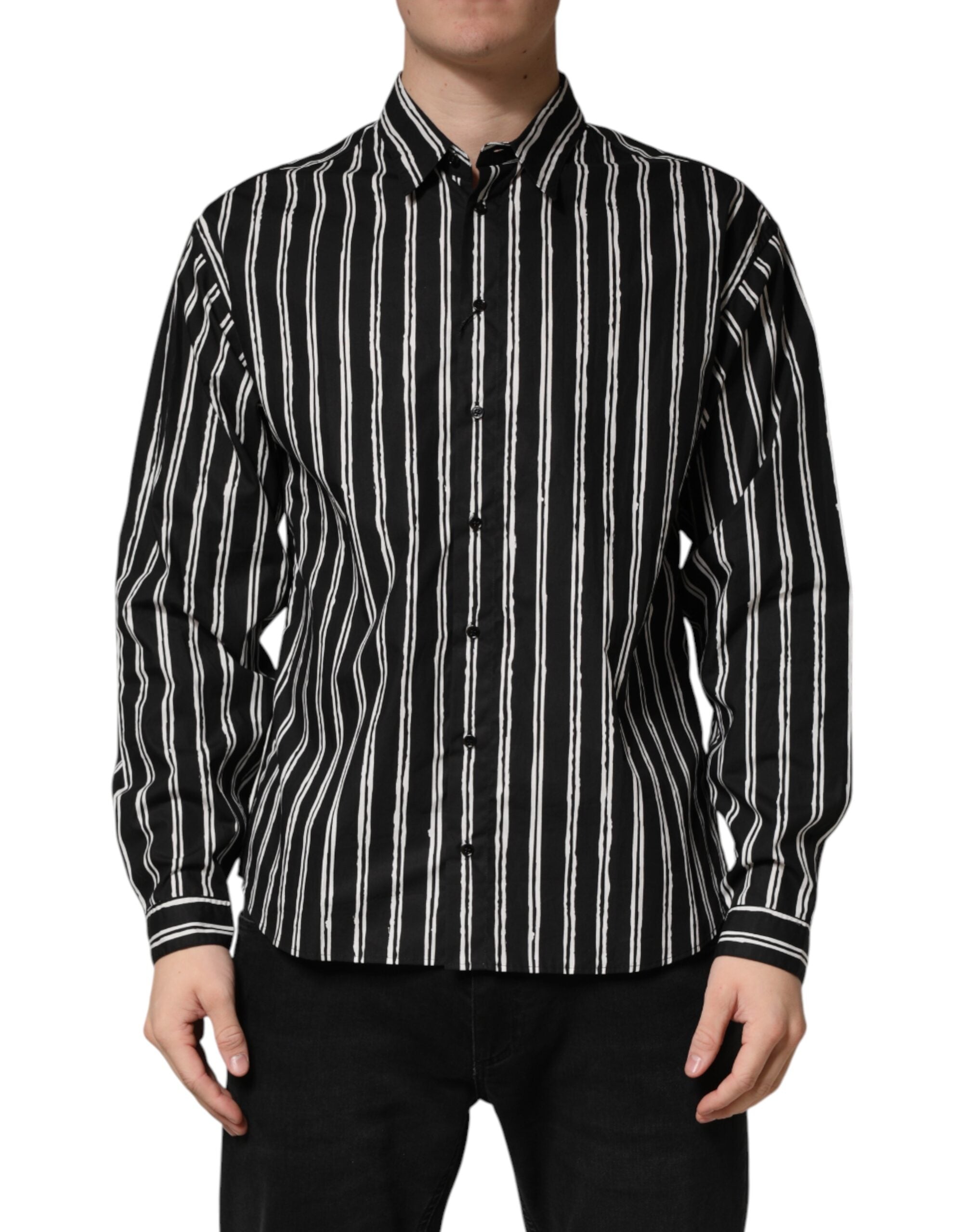 Dolce & Gabbana Schwarzes gestreiftes Baumwoll-Herrenhemd für formelle Anlässe-2