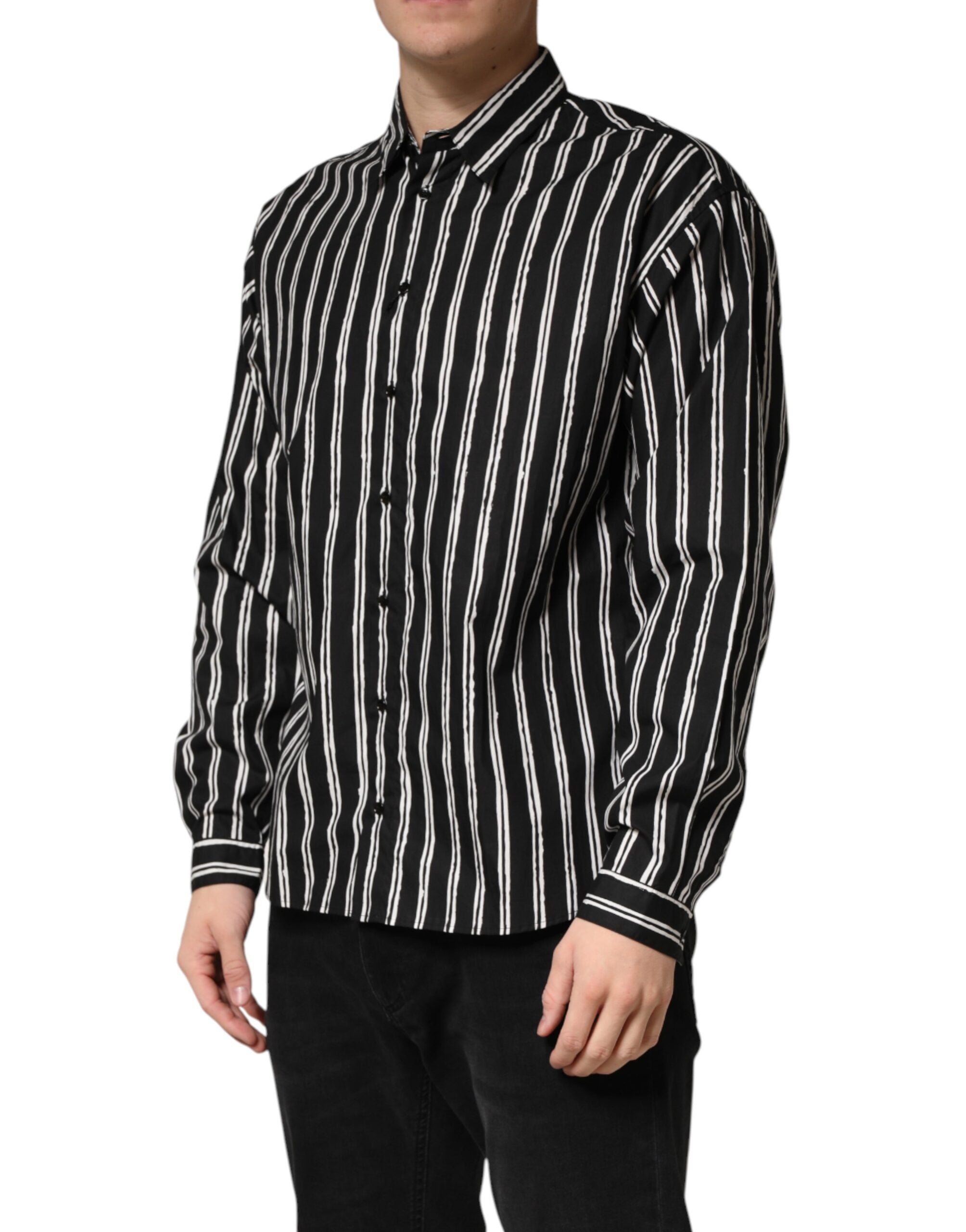 Dolce & Gabbana Schwarzes gestreiftes Baumwoll-Herrenhemd für formelle Anlässe-3