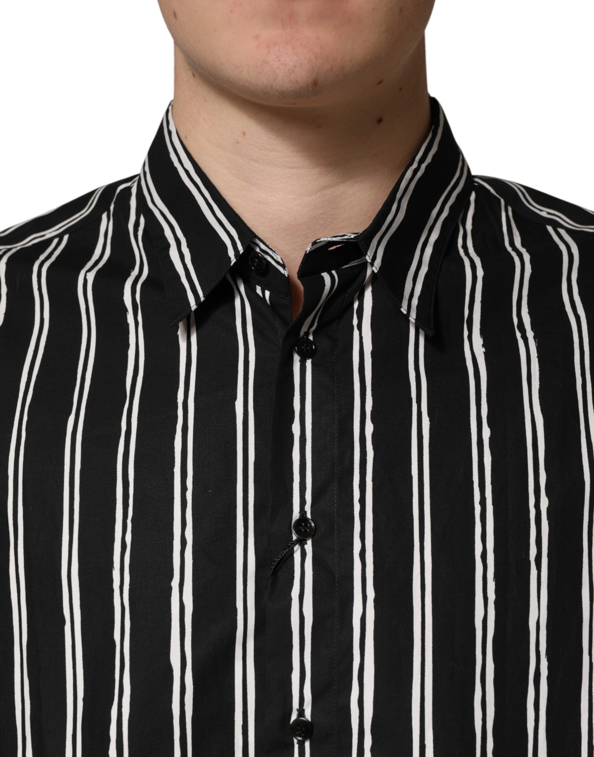 Dolce & Gabbana Schwarzes gestreiftes Baumwoll-Herrenhemd für formelle Anlässe-5
