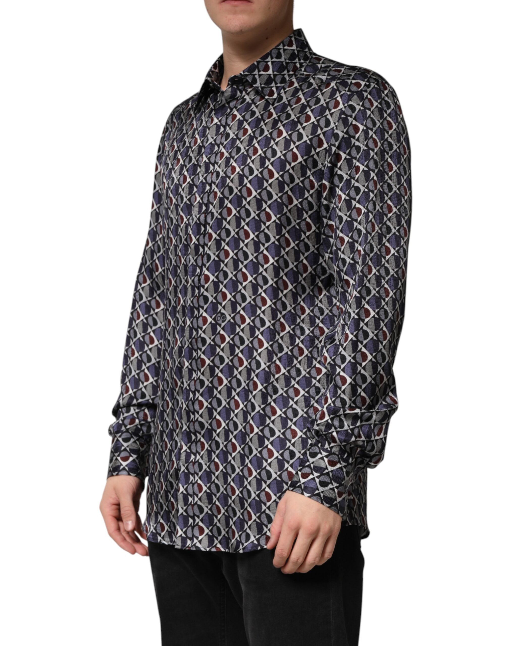 Dolce & Gabbana Men's GOLD Multicolor Patterned Collared Shirt-3