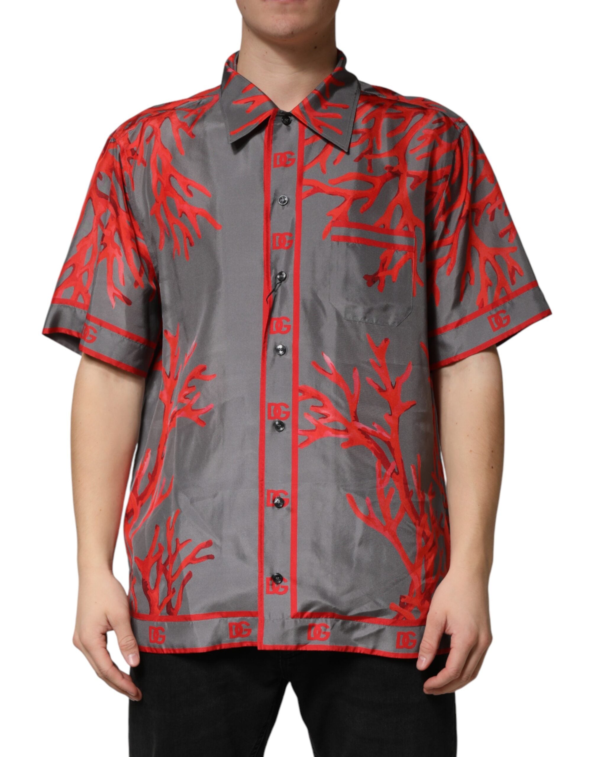 Dolce & Gabbana Graues Kurzarm-Hemd mit roten Korallen-Print-1