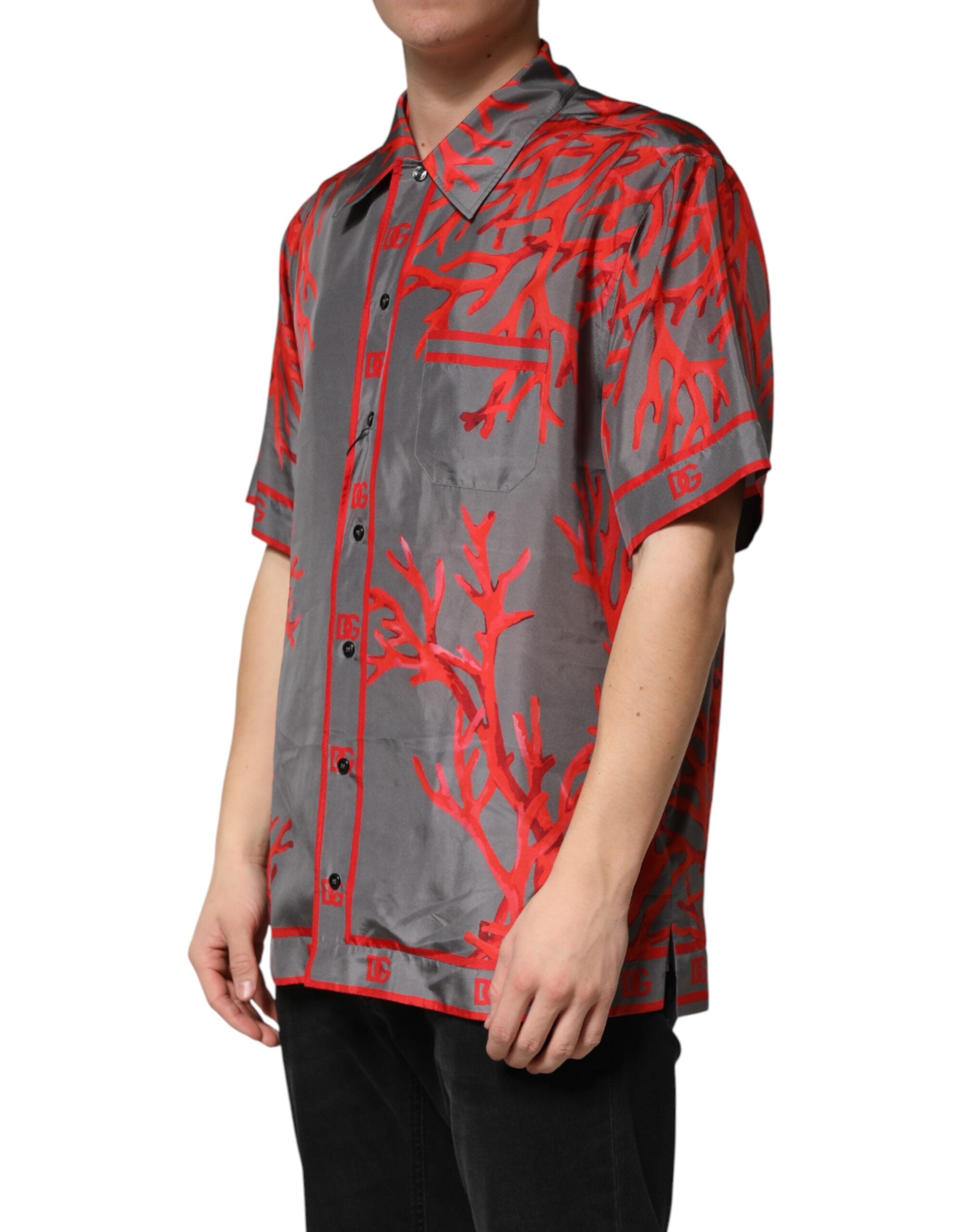 Dolce & Gabbana Graues Kurzarm-Hemd mit roten Korallen-Print-3