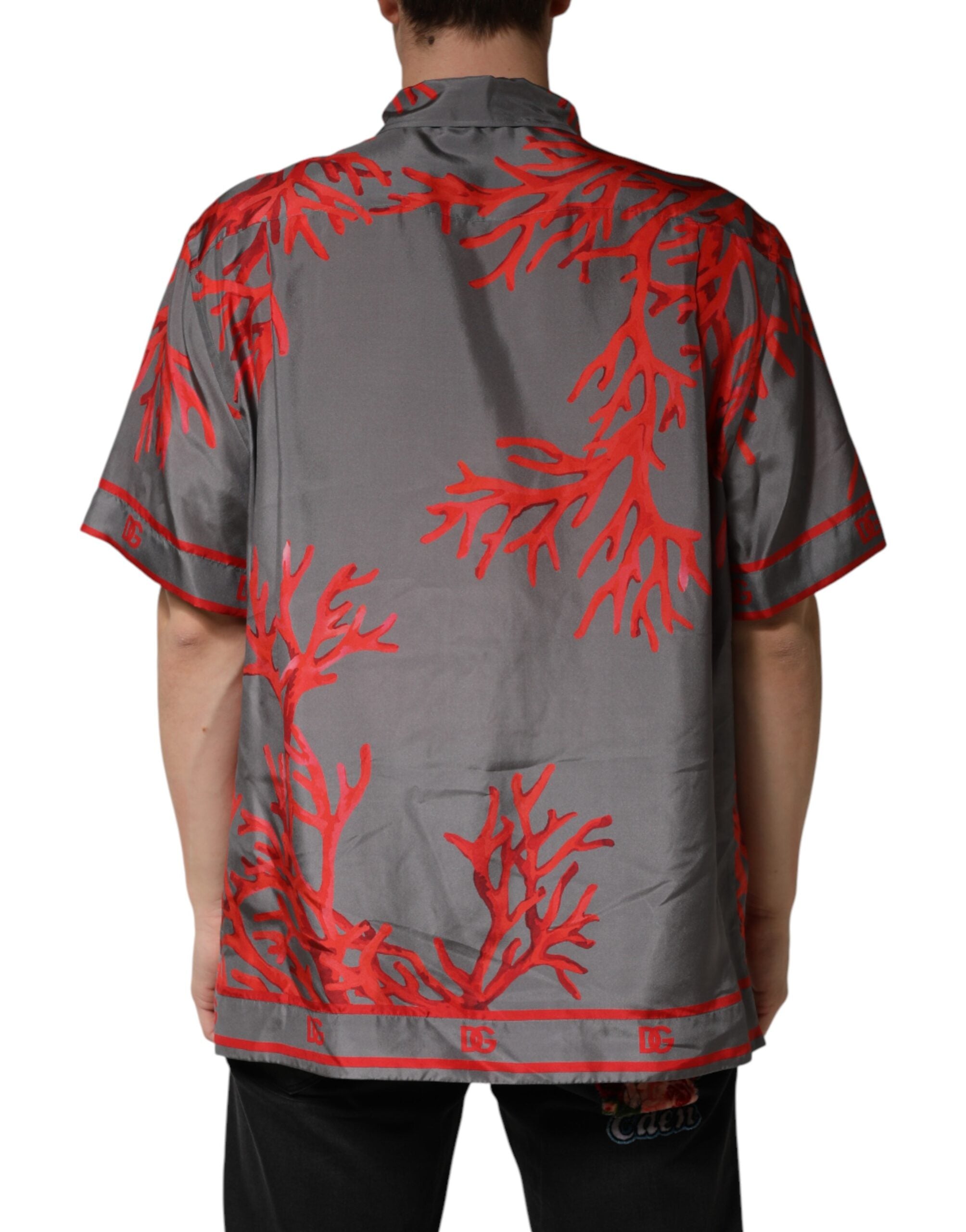 Dolce & Gabbana Graues Kurzarm-Hemd mit roten Korallen-Print-4