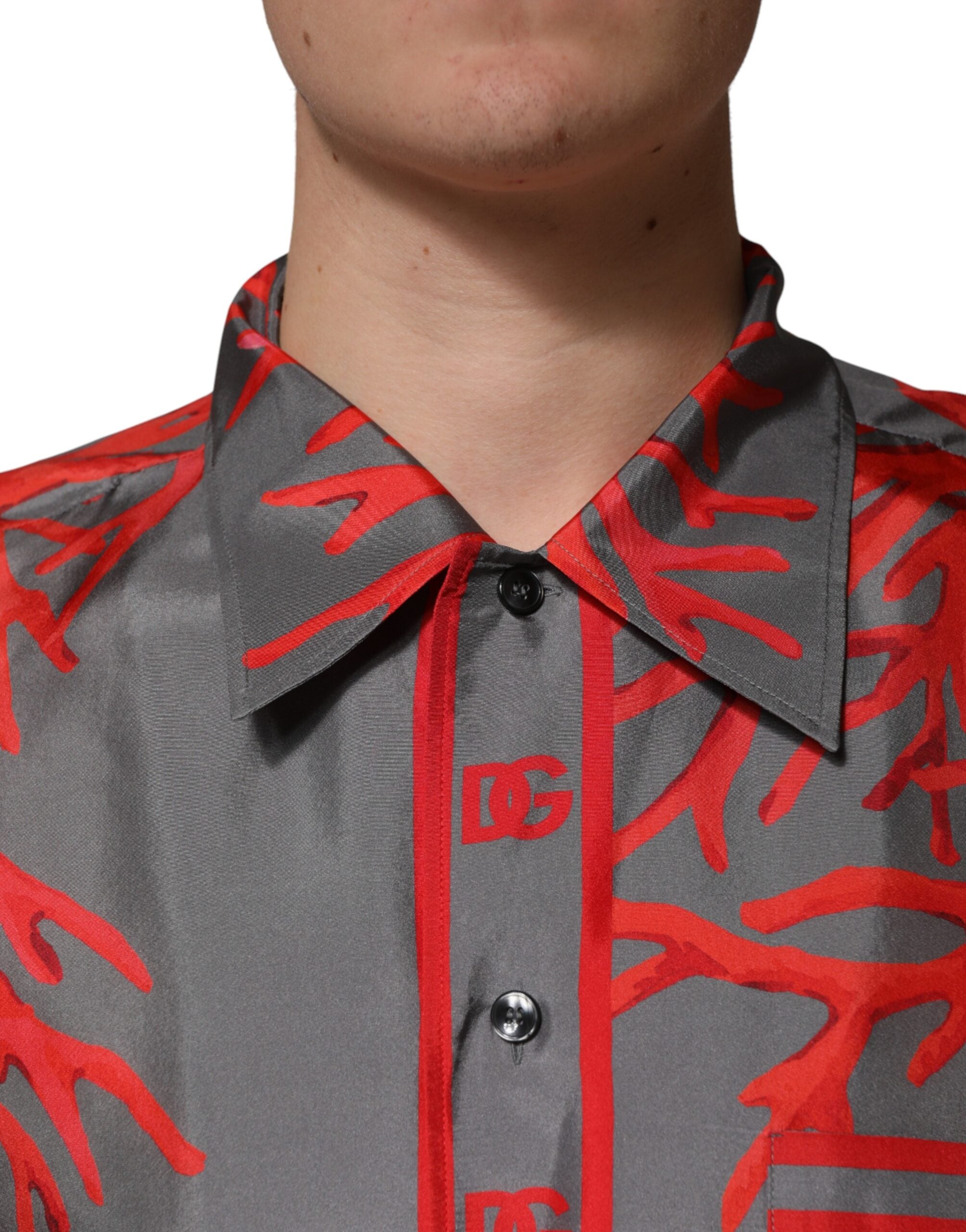 Dolce & Gabbana Graues Kurzarm-Hemd mit roten Korallen-Print-5