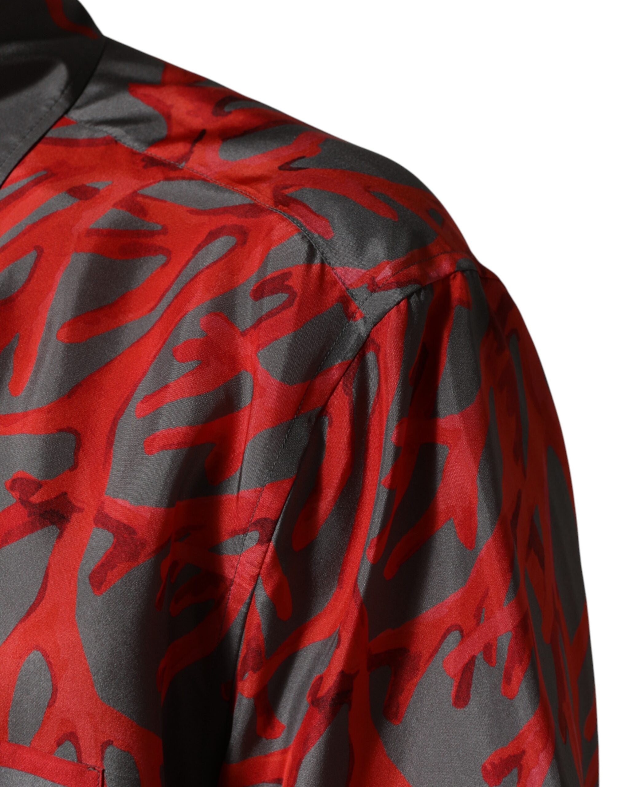 Dolce & Gabbana Graues Kurzarm-Hemd mit roten Korallen-Print-6
