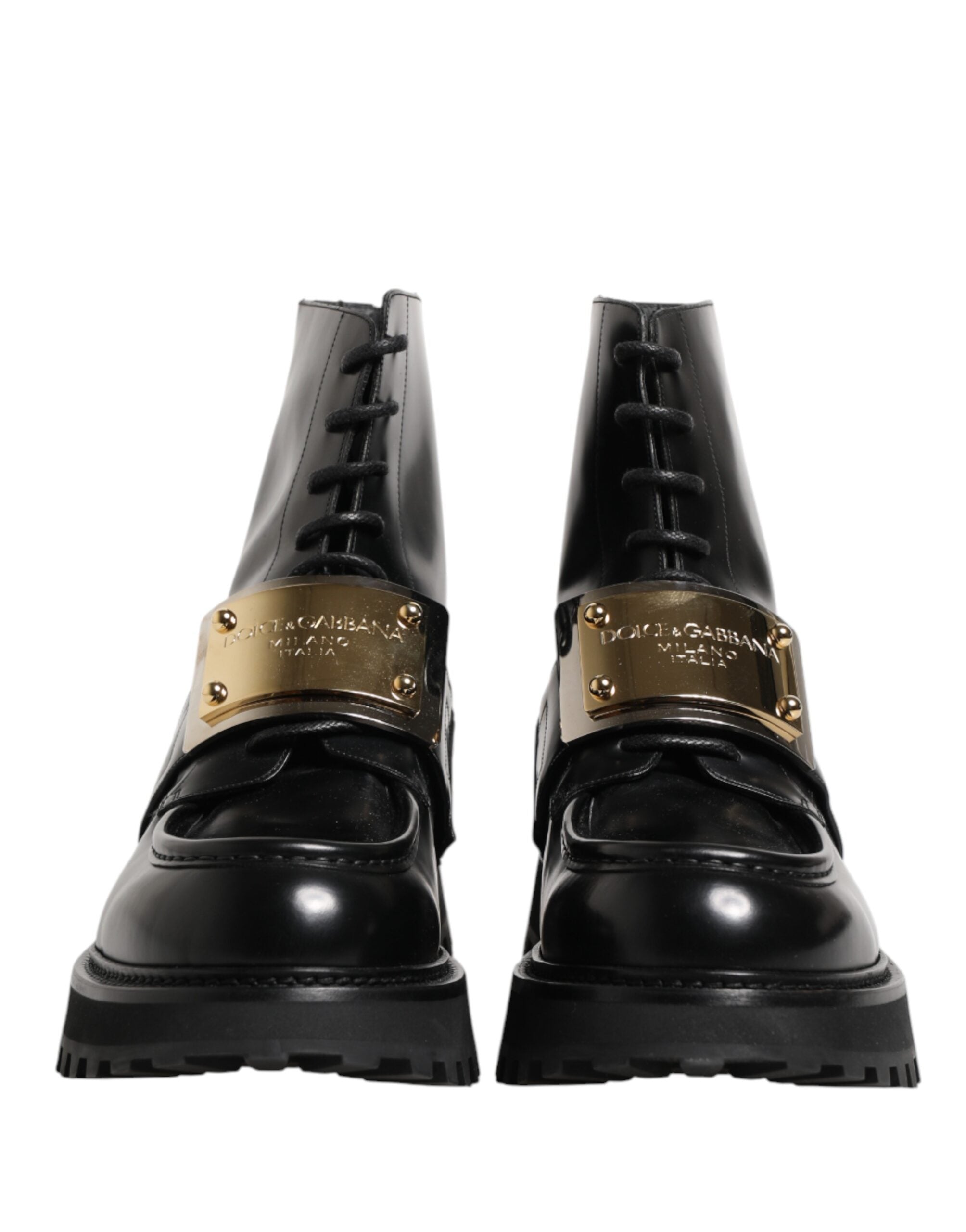 Dolce & Gabbana Black Leather DG Plaque Lace-Up Boots Shoes-3
