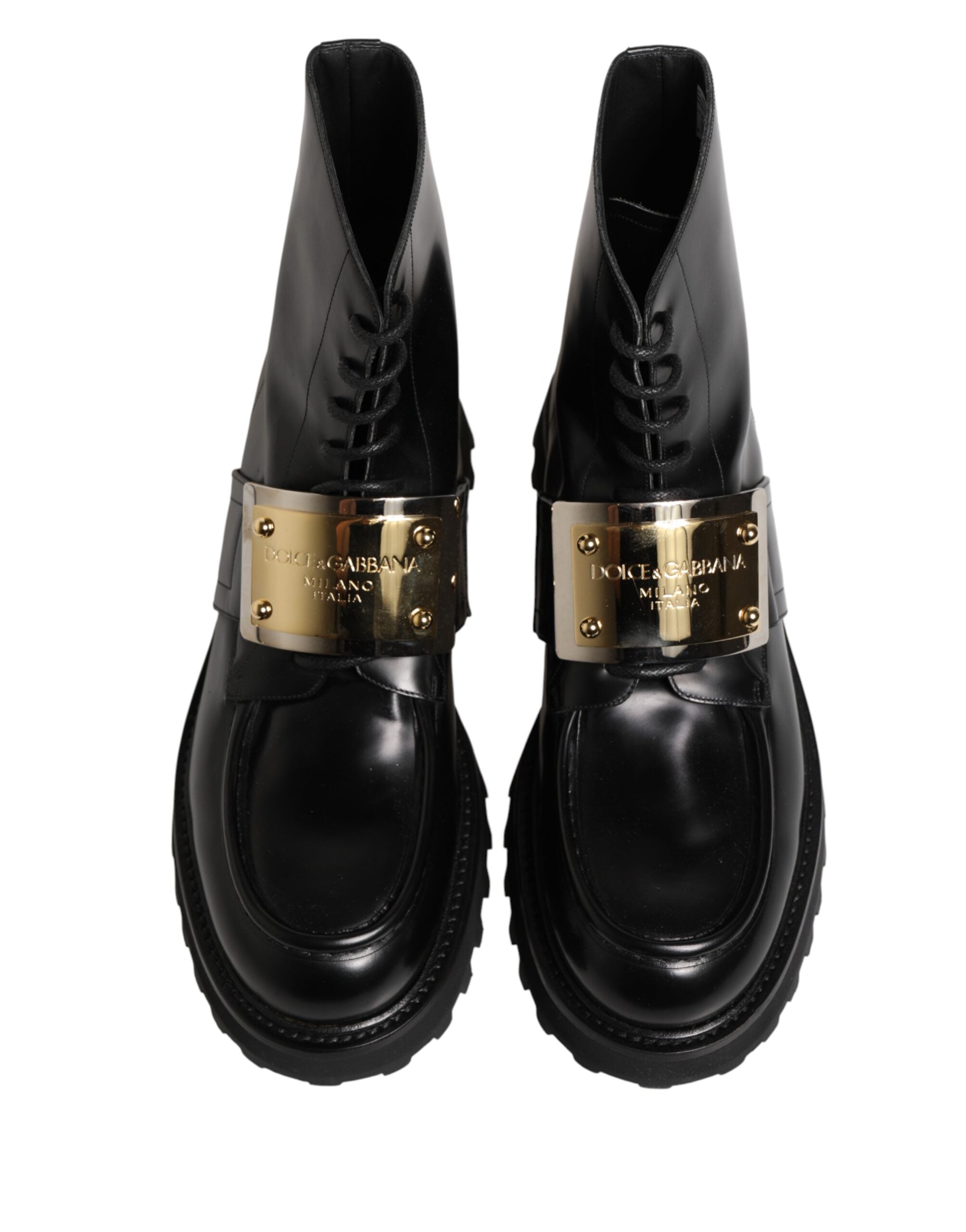 Dolce & Gabbana Black Leather DG Plaque Lace-Up Boots Shoes-4