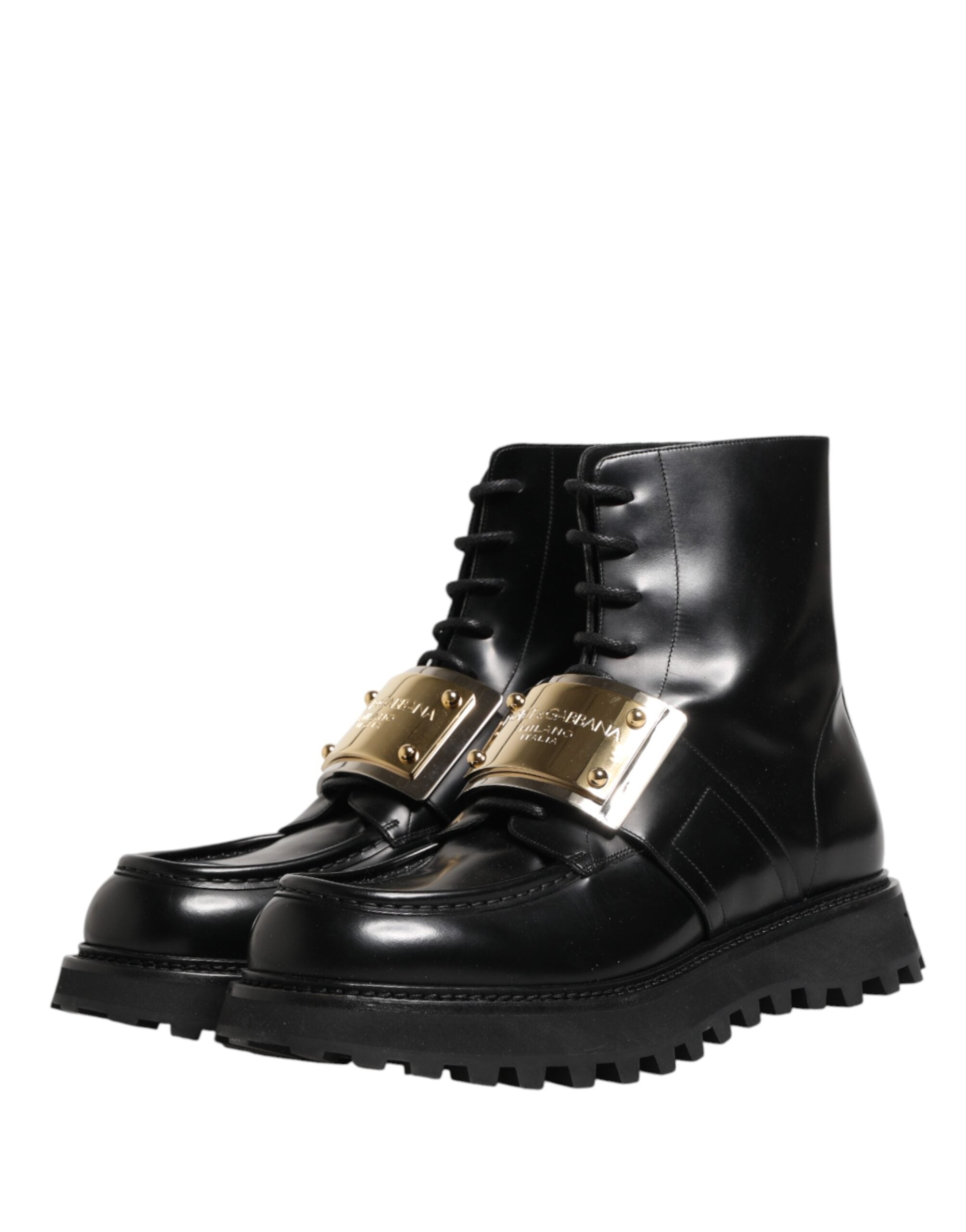 Dolce & Gabbana Black Leather DG Plaque Lace-Up Boots Shoes-5