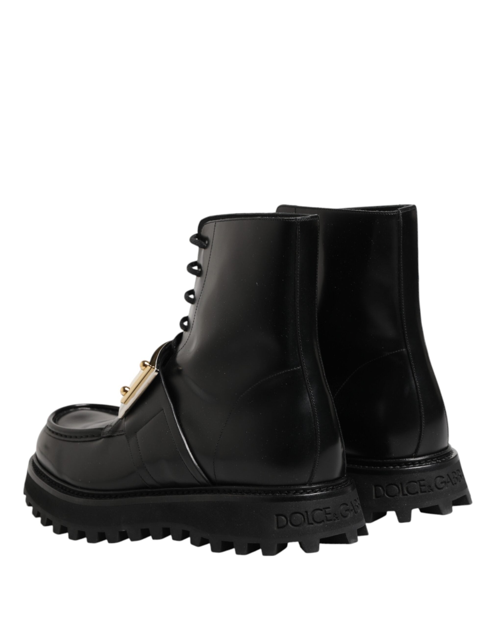 Dolce & Gabbana Black Leather DG Plaque Lace-Up Boots Shoes-6
