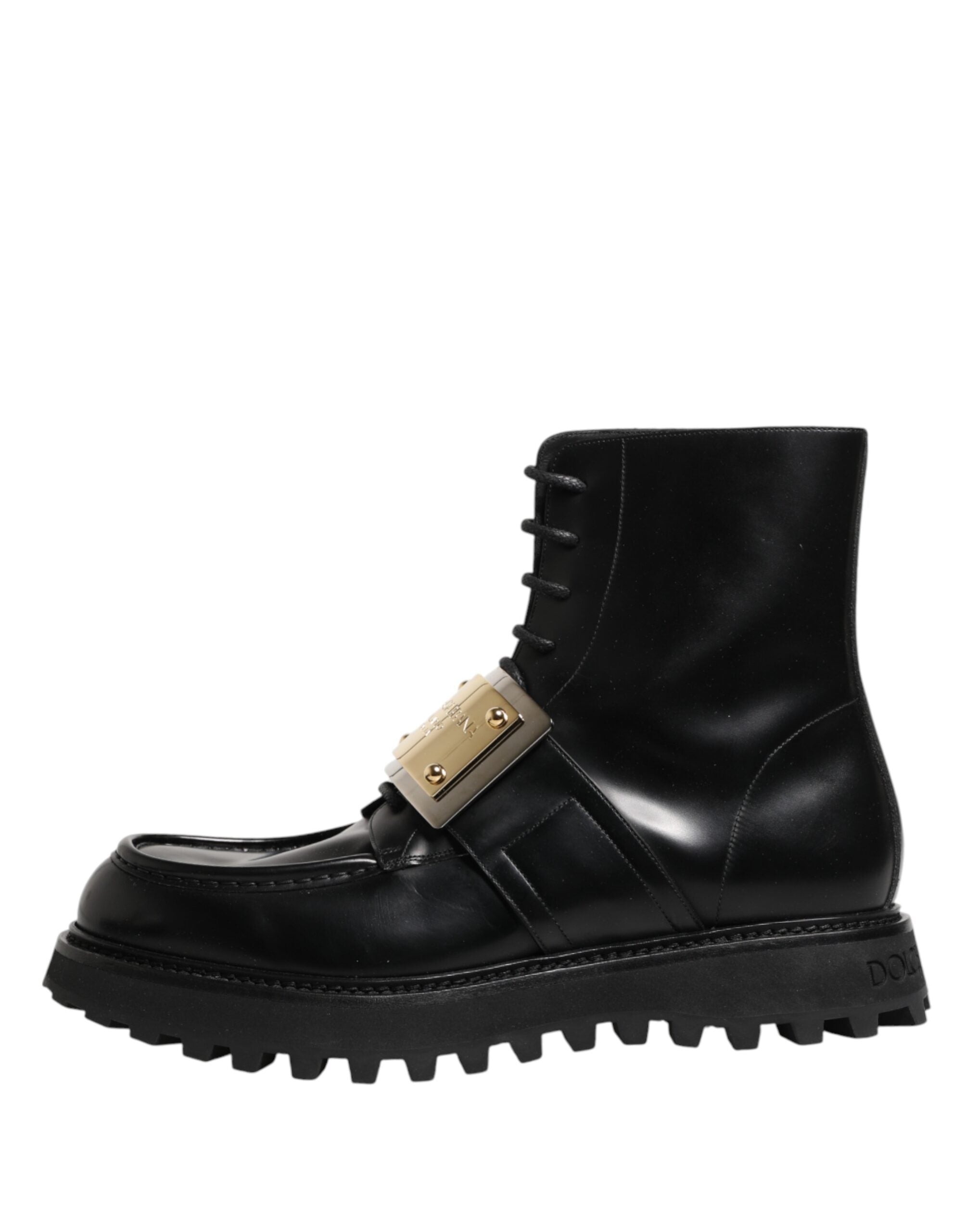 Dolce & Gabbana Black Leather DG Plaque Lace-Up Boots Shoes-7