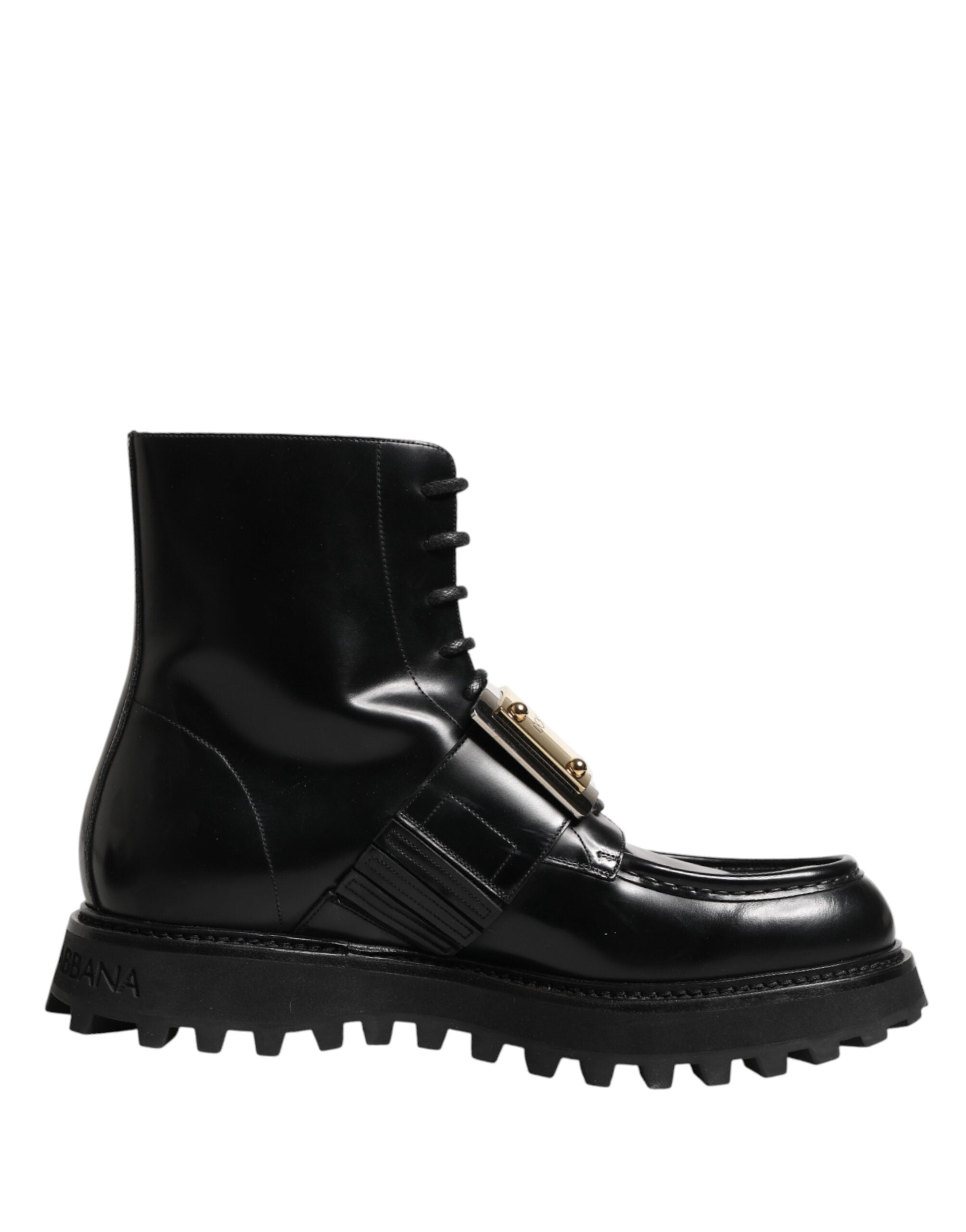 Dolce & Gabbana Black Leather DG Plaque Lace-Up Boots Shoes-1