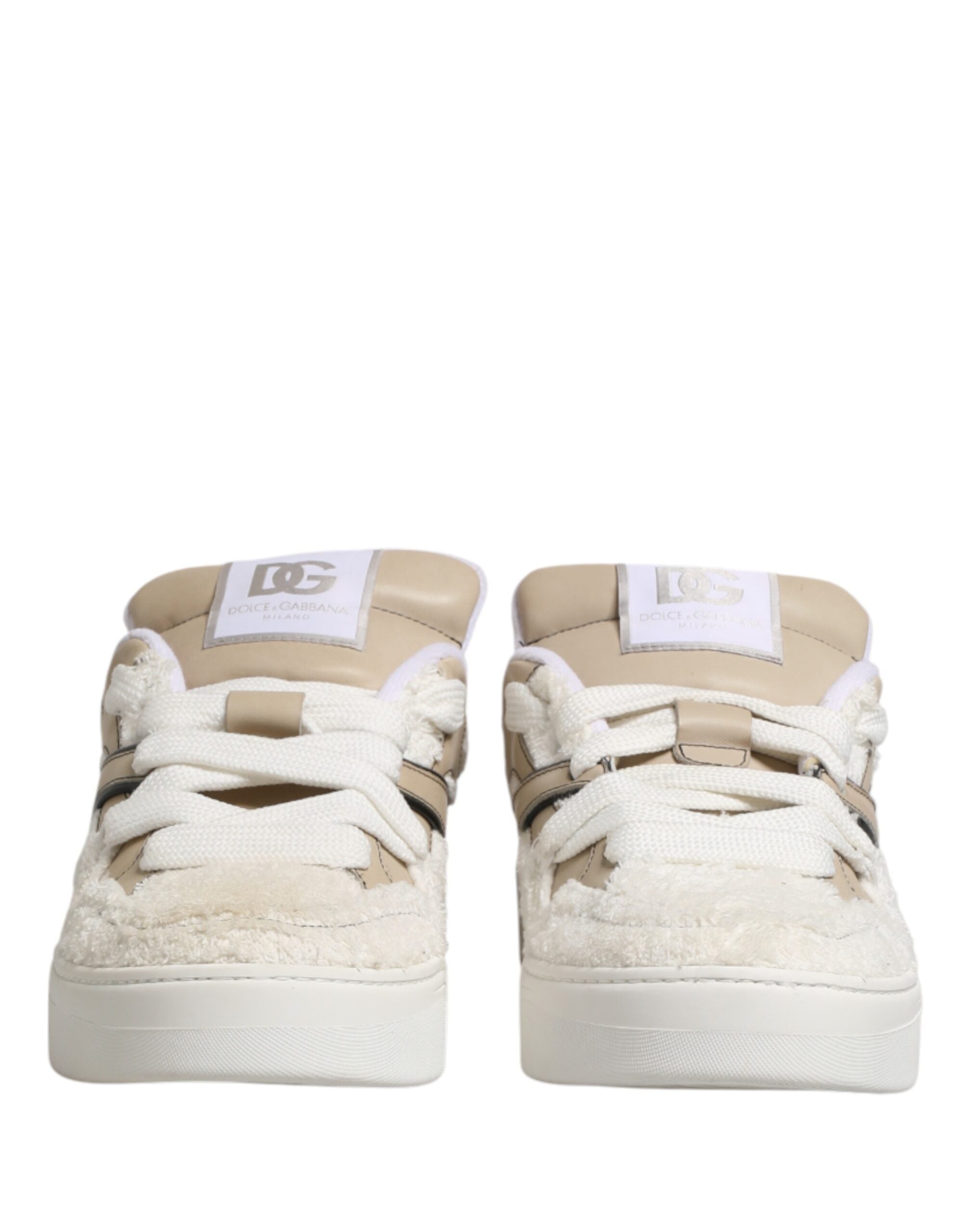 Dolce & Gabbana White Beige Faux Shearling Low Top Lace-Up Sneakers-3