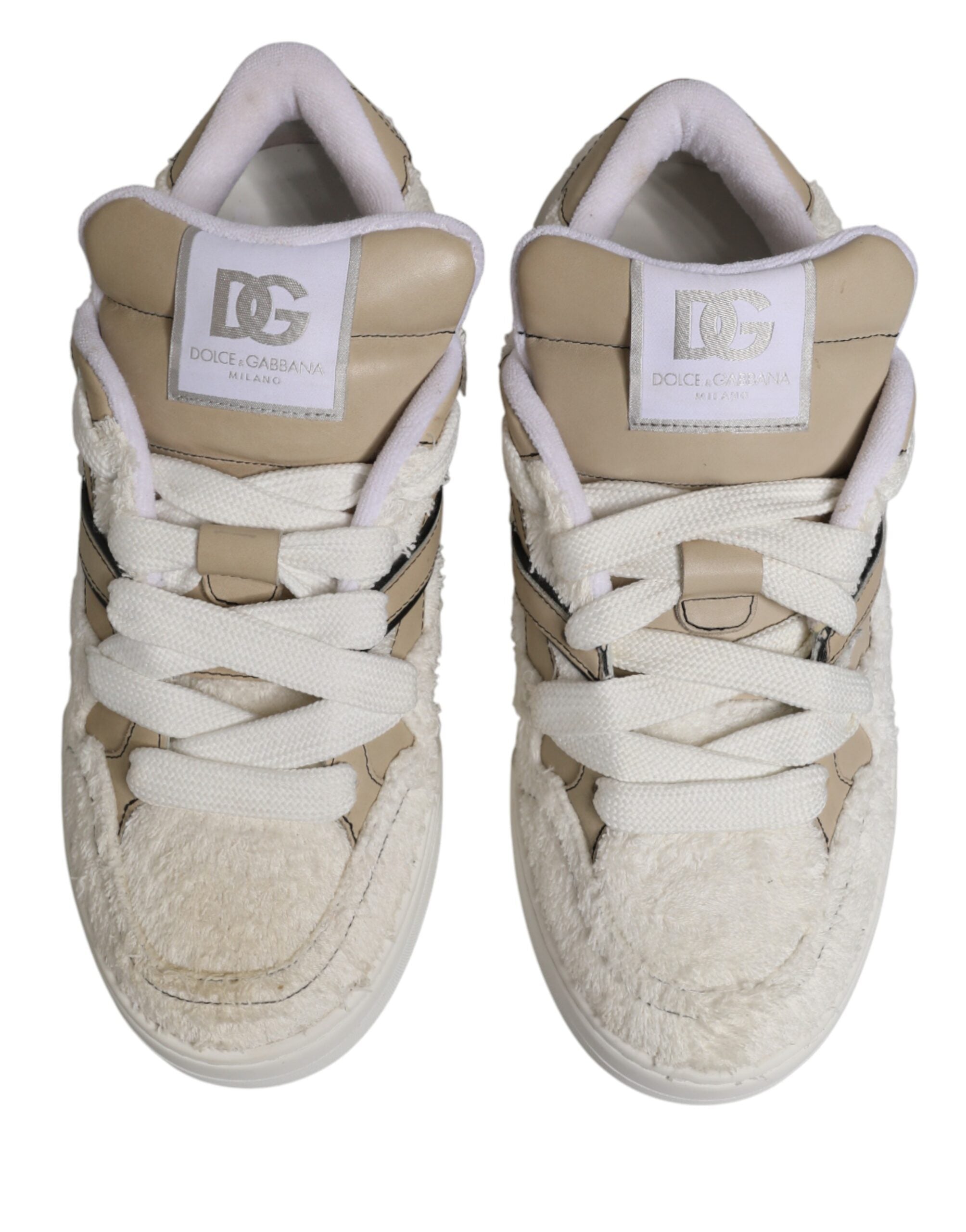 Dolce & Gabbana White Beige Faux Shearling Low Top Lace-Up Sneakers-4