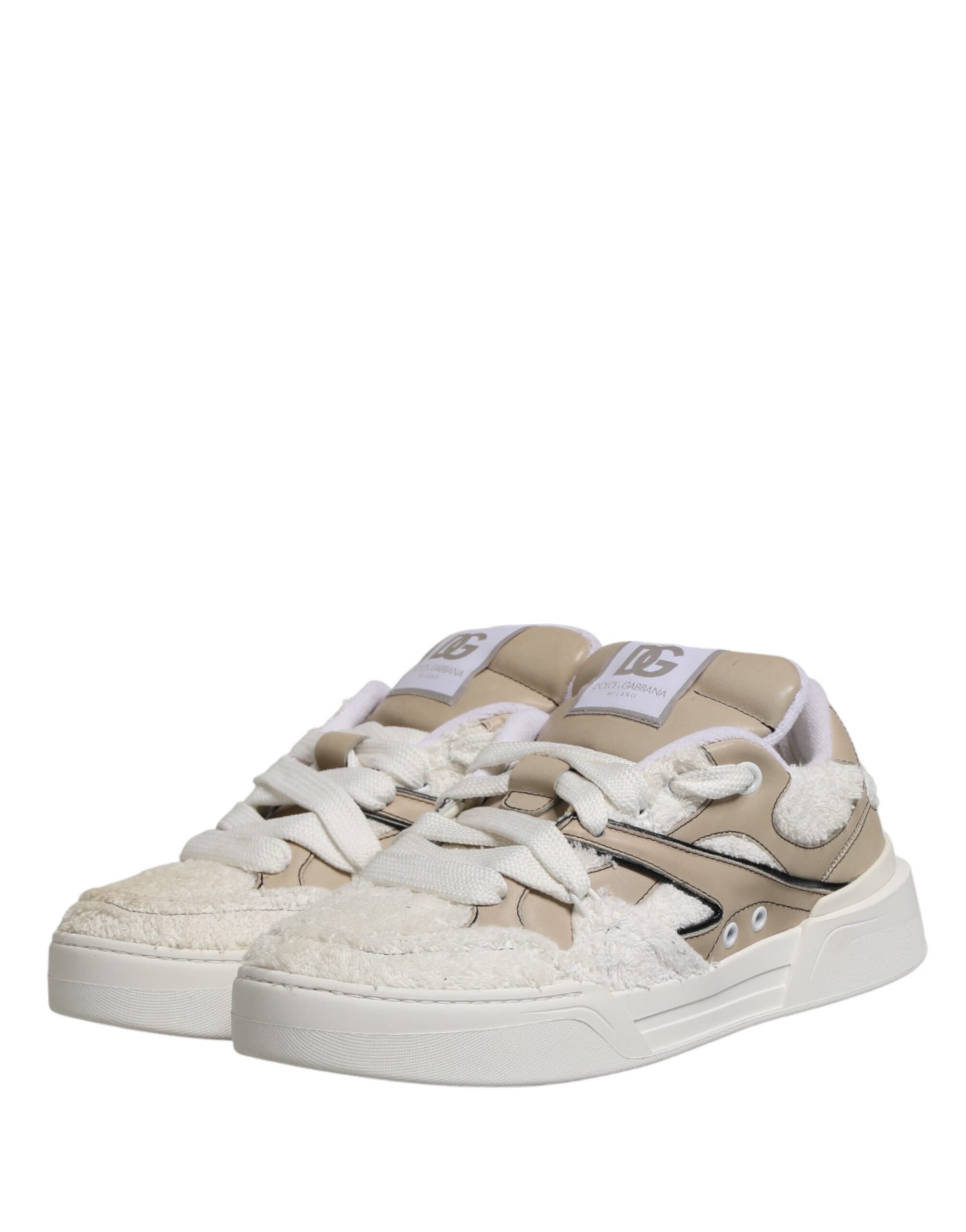 Dolce & Gabbana White Beige Faux Shearling Low Top Lace-Up Sneakers-5