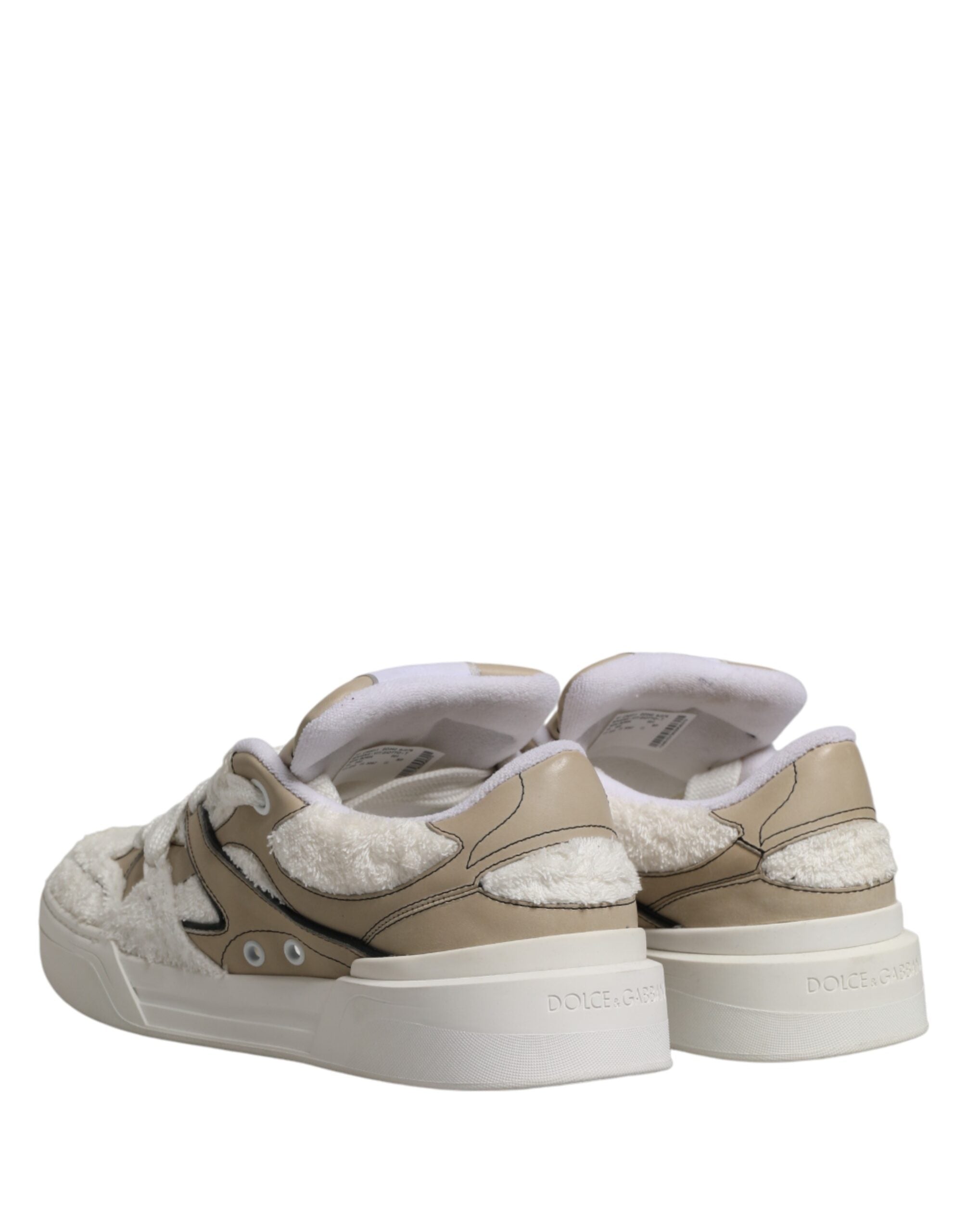 Dolce & Gabbana White Beige Faux Shearling Low Top Lace-Up Sneakers-6