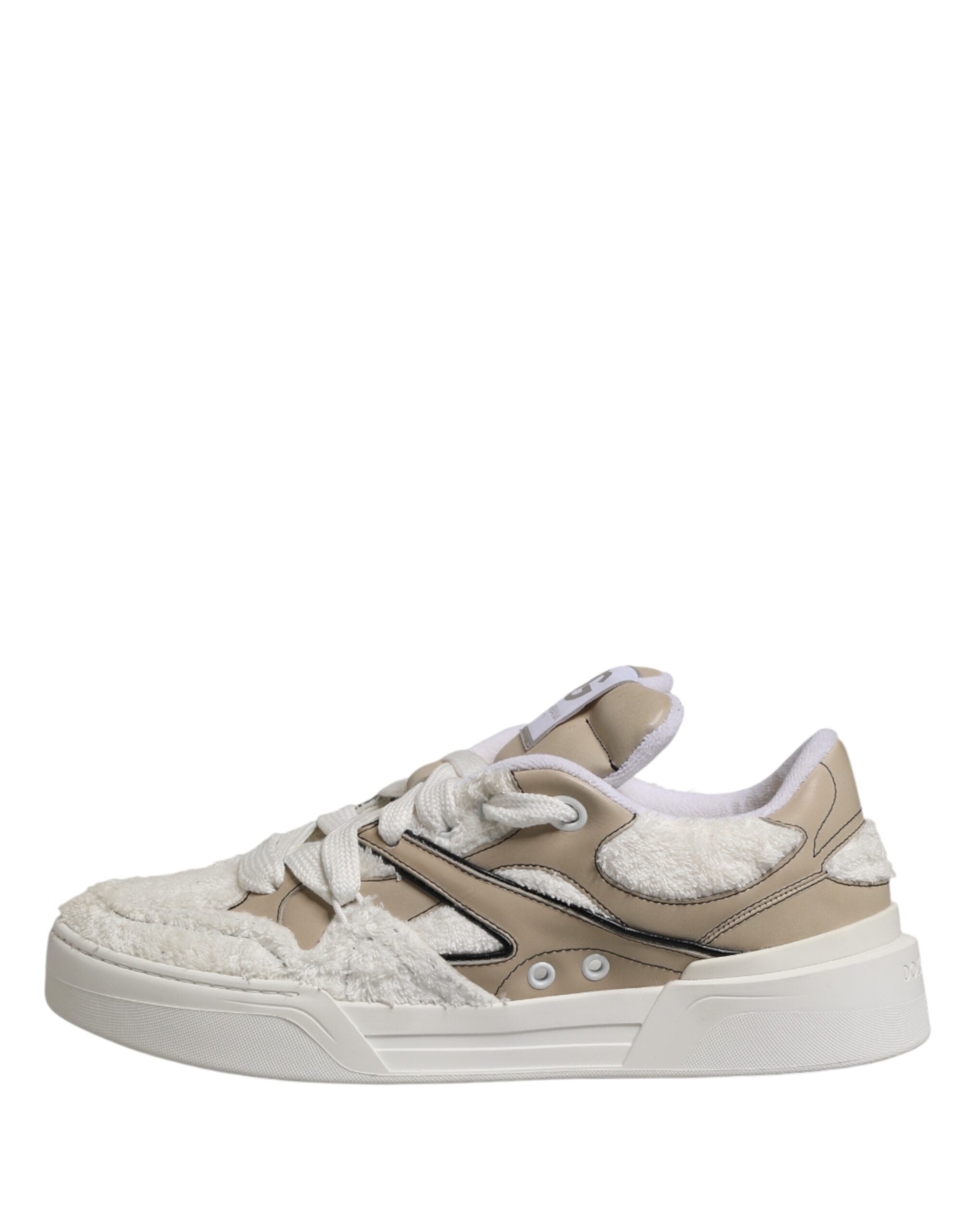 Dolce & Gabbana White Beige Faux Shearling Low Top Lace-Up Sneakers-7