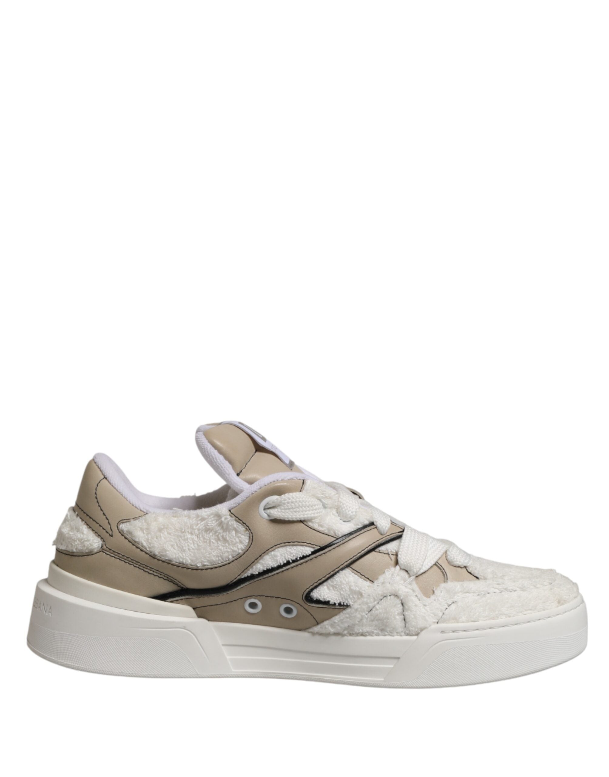Dolce & Gabbana White Beige Faux Shearling Low Top Lace-Up Sneakers-2