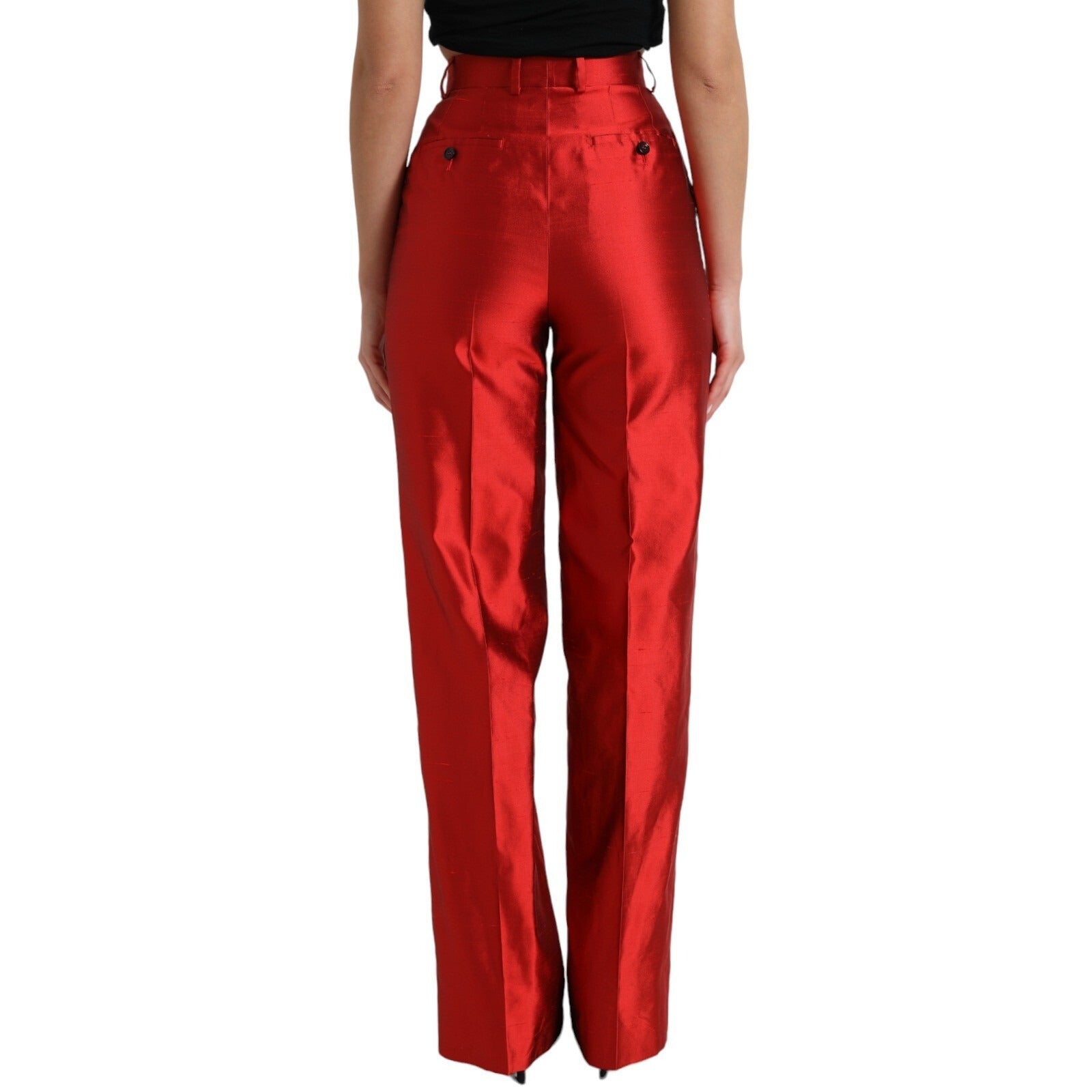 Dolce & Gabbana Red Satin Silk High-Waisted Wide-Leg Trousers-3