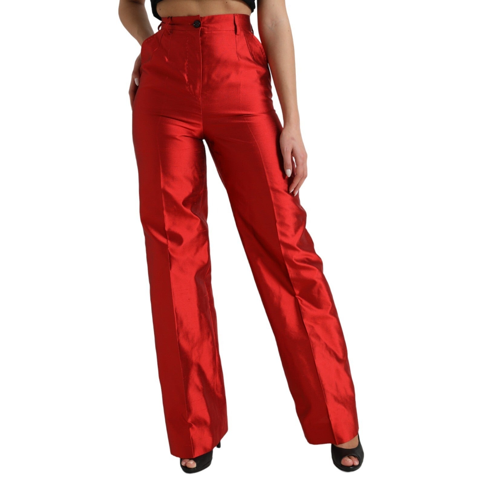 Dolce & Gabbana Red Satin Silk High-Waisted Wide-Leg Trousers-4