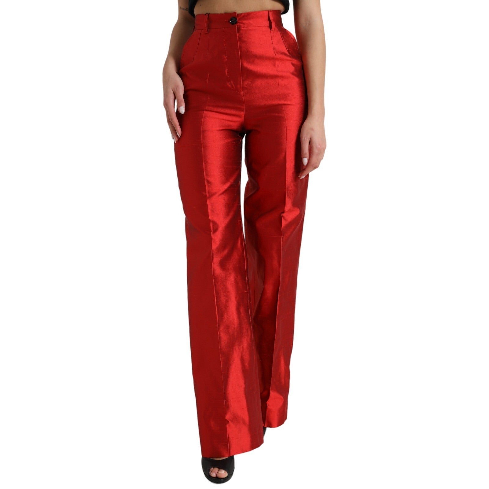 Dolce & Gabbana Rote Satin-Seidenhose mit hoher Taille und weitem Bein