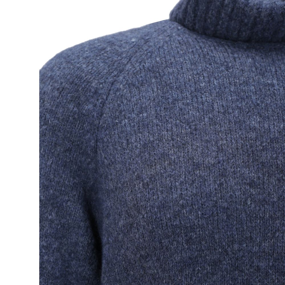 Brunello Cucinelli Blauer Rollkragenpullover aus Alpakawolle und Leder-3