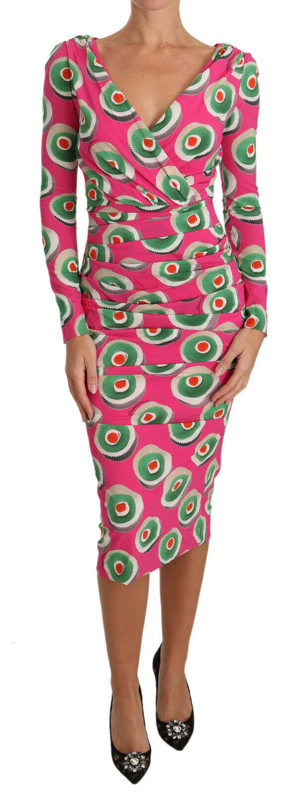 Vestido tubo elástico de seda rosa con cupcakes de Dolce & Gabbana-1
