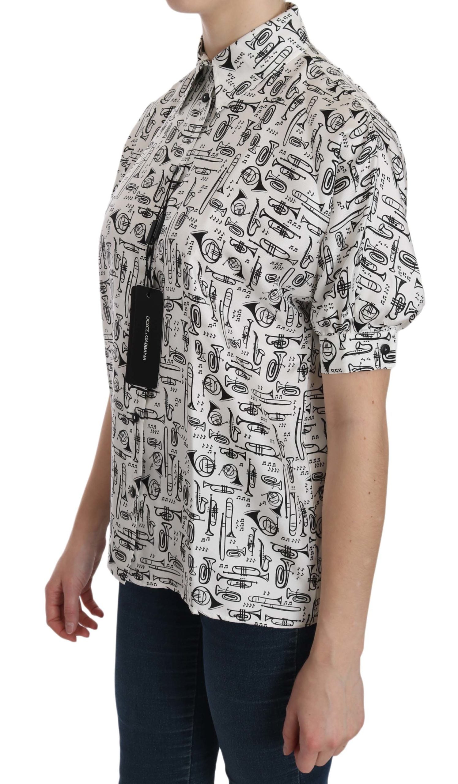 Dolce & Gabbana White Musical Instrument Collared Blouse Shirt-2
