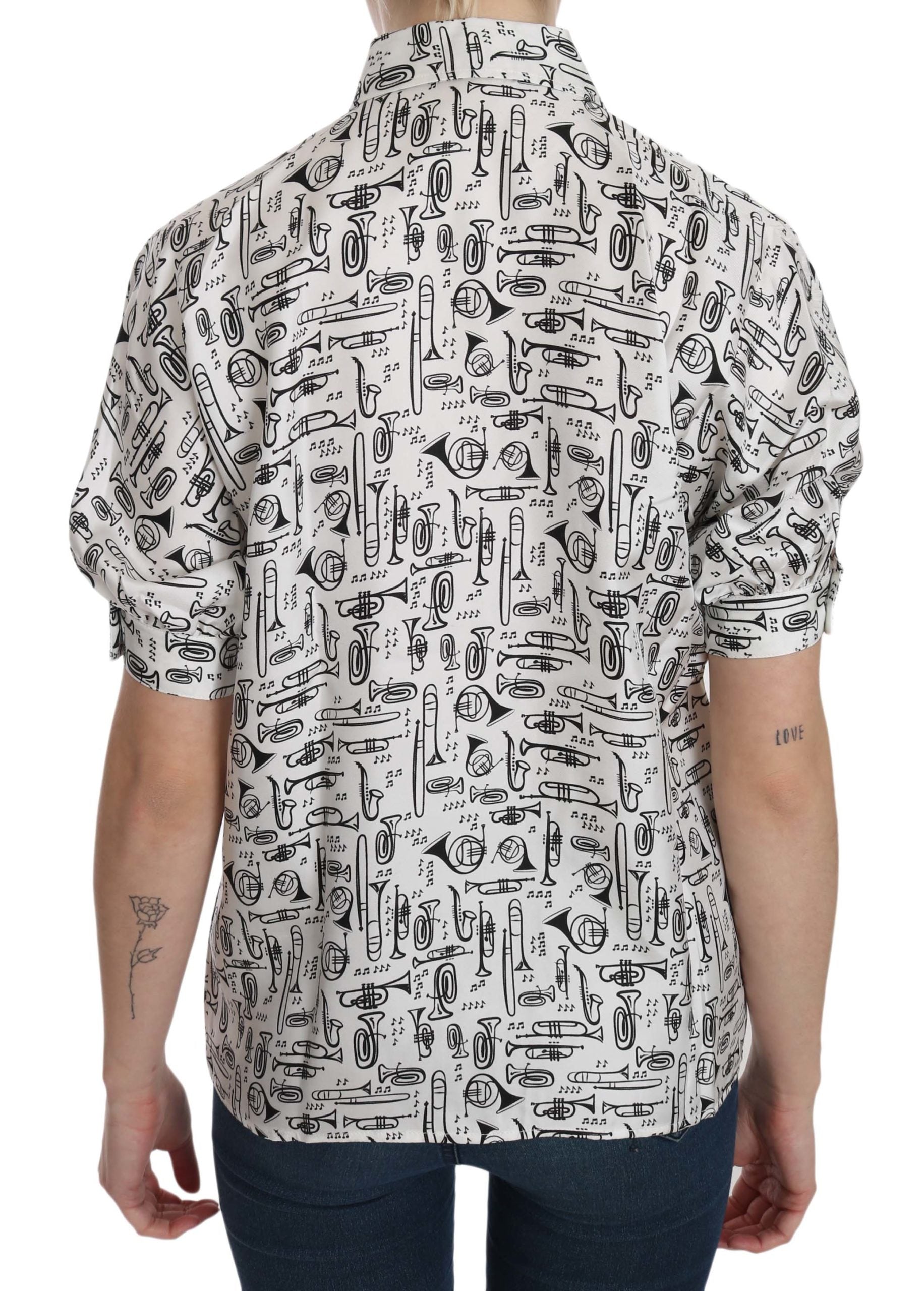 Dolce & Gabbana White Musical Instrument Collared Blouse Shirt-3