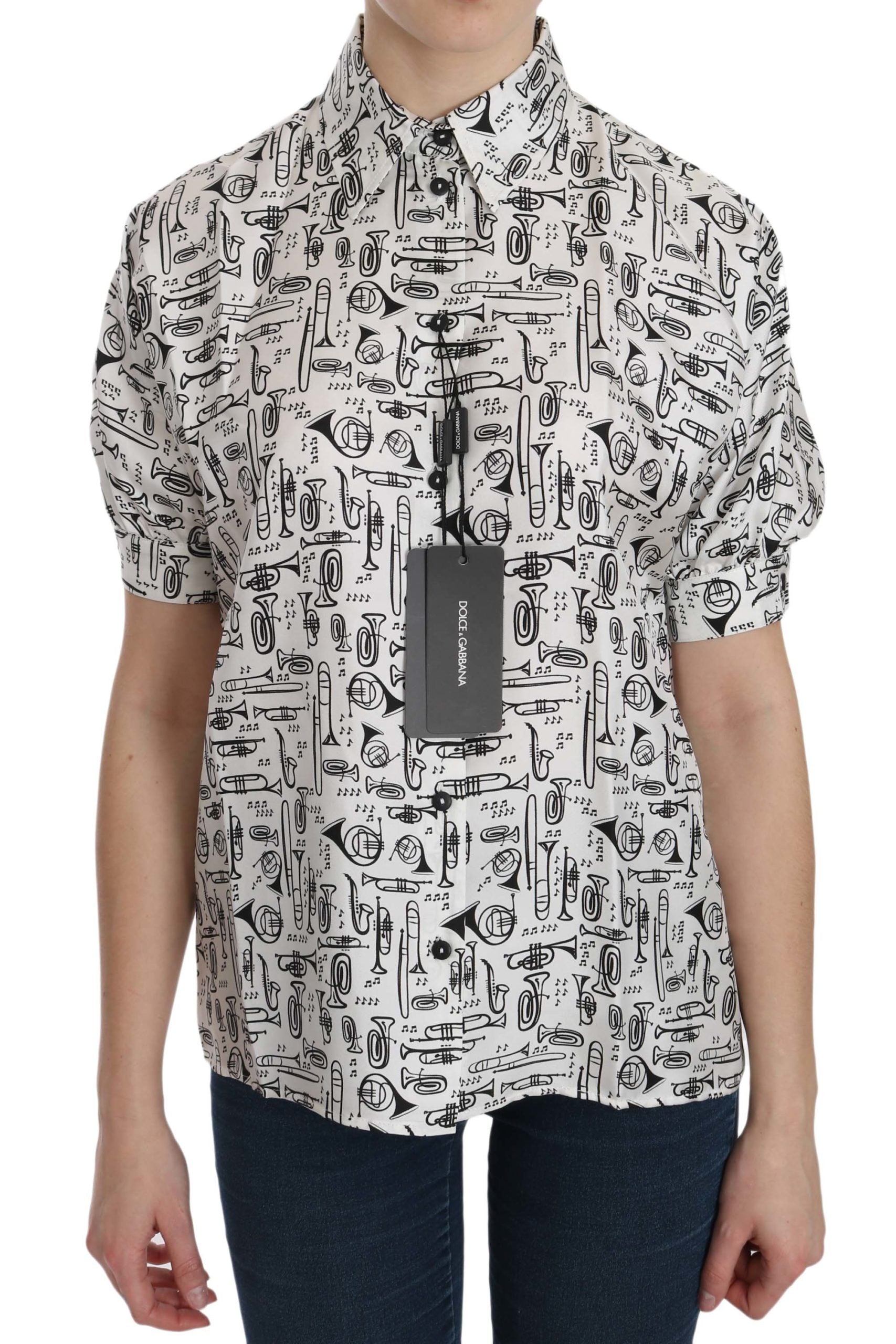 Dolce & Gabbana White Musical Instrument Collared Blouse Shirt-1