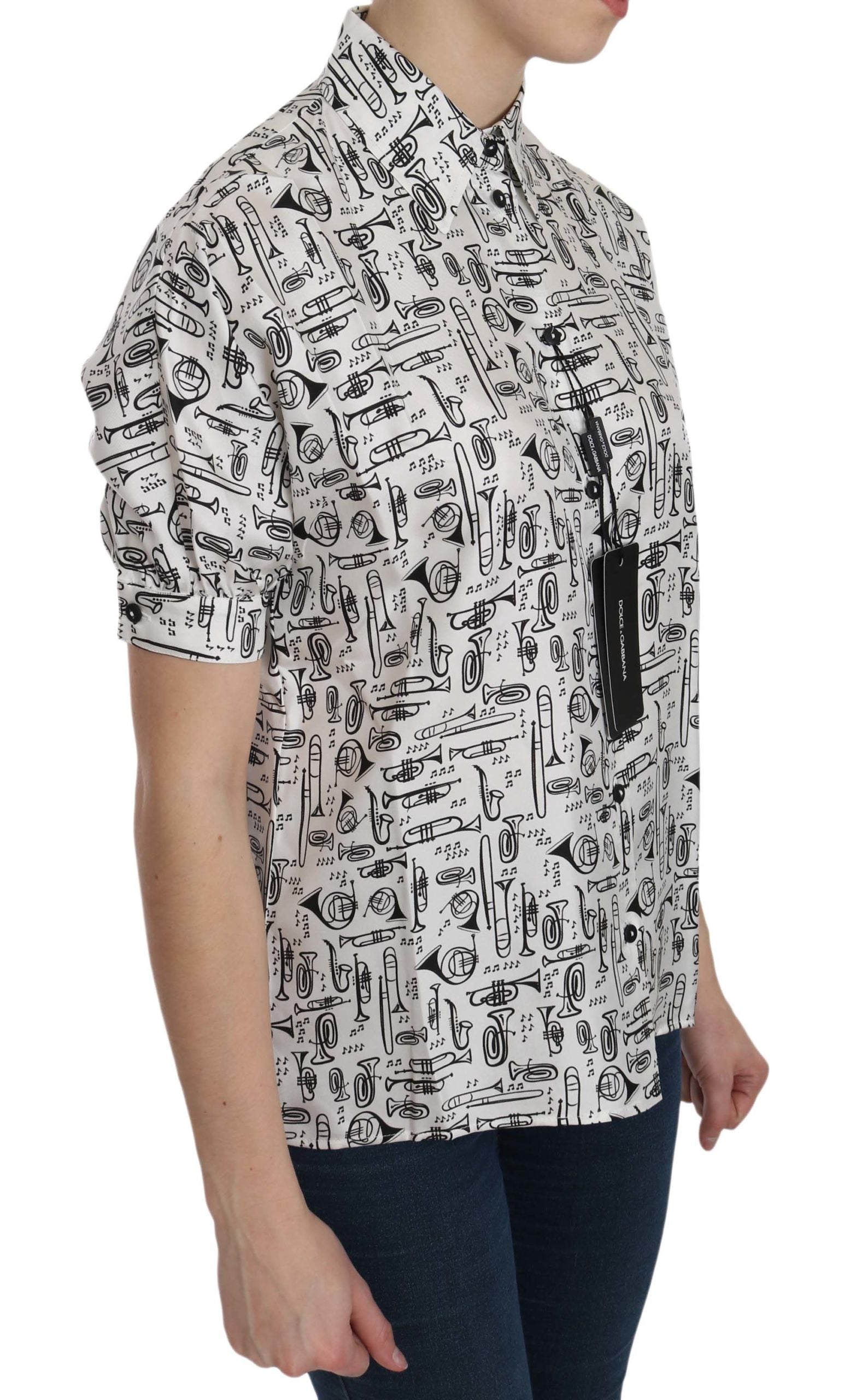Dolce & Gabbana White Musical Instrument Collared Blouse Shirt-4