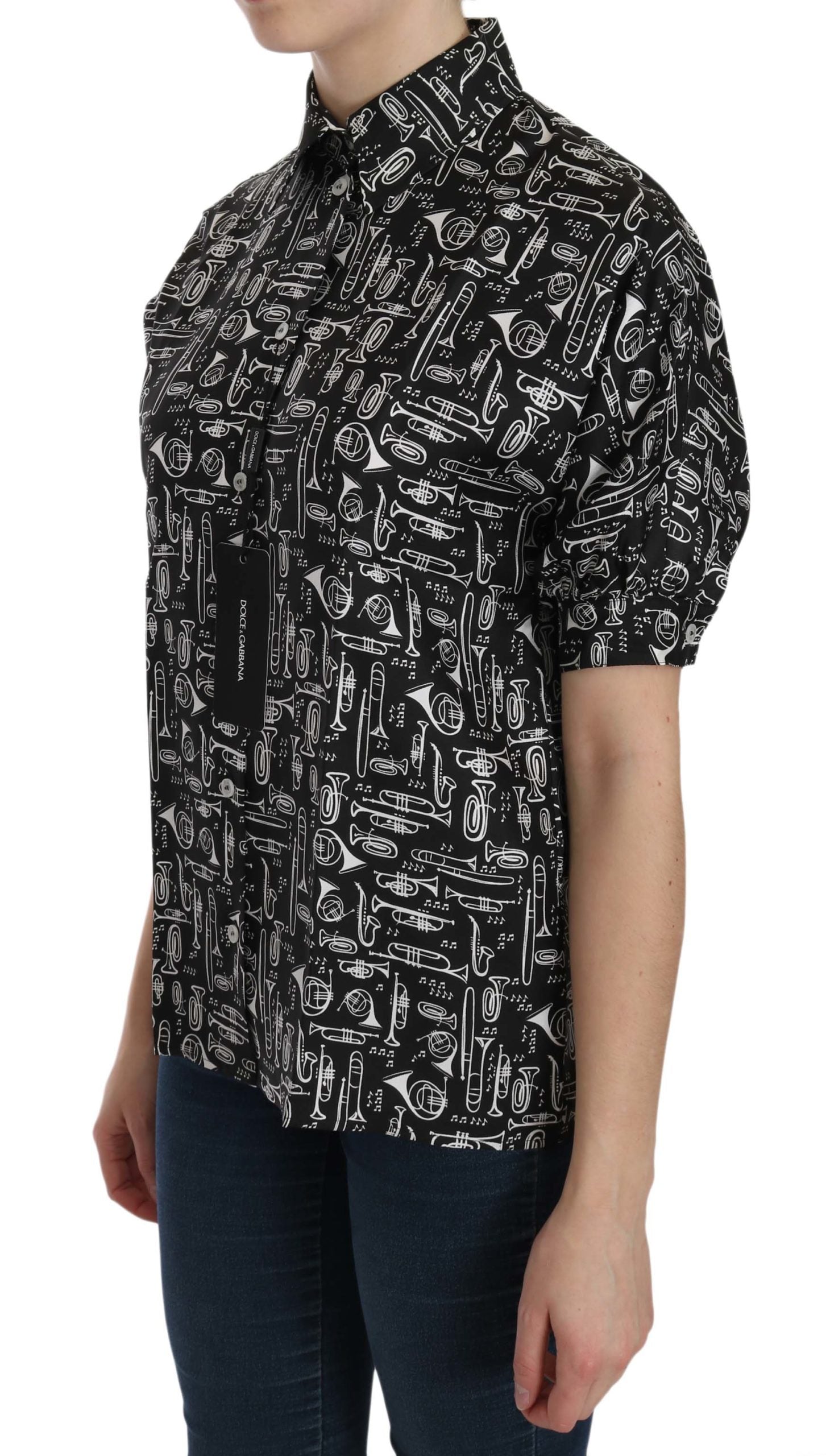Dolce & Gabbana Black Musical Instrument Collared Blouse Shirt-2