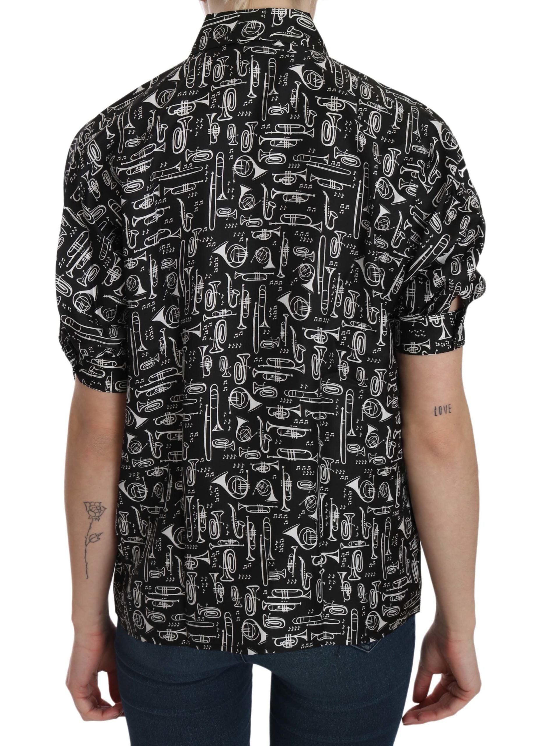 Dolce & Gabbana Black Musical Instrument Collared Blouse Shirt-3
