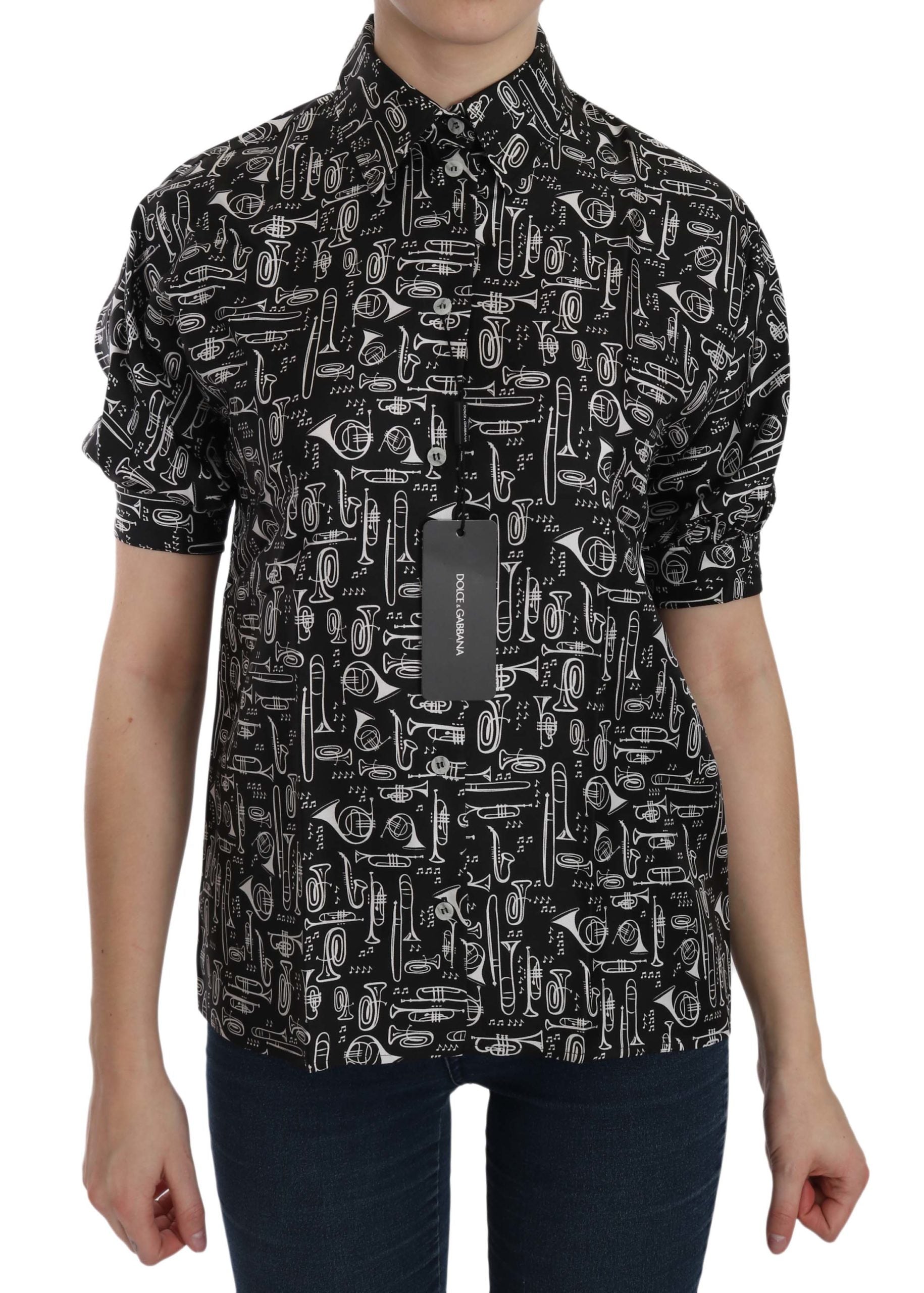 Dolce & Gabbana Black Musical Instrument Collared Blouse Shirt-1