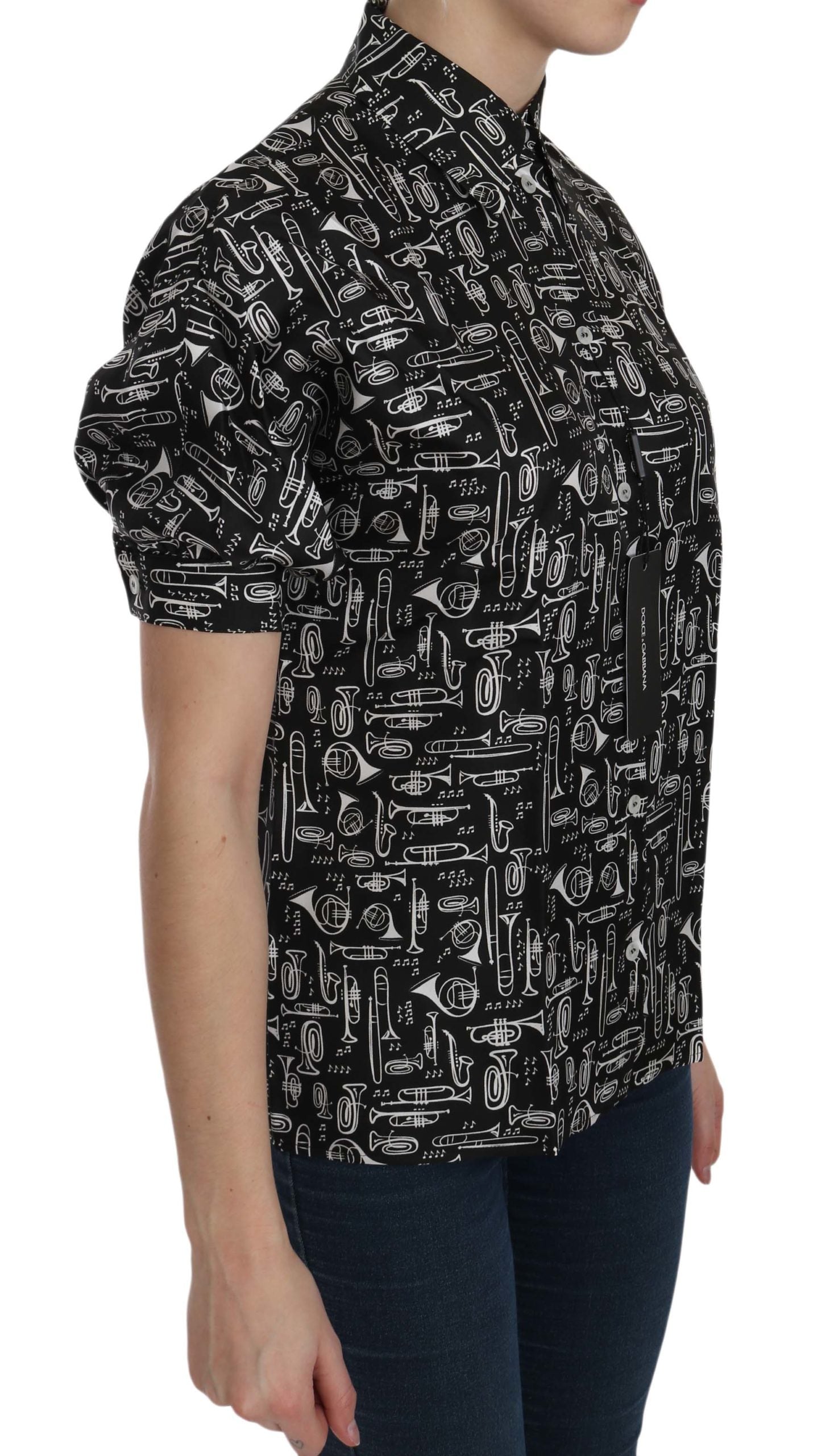 Dolce & Gabbana Black Musical Instrument Collared Blouse Shirt-4