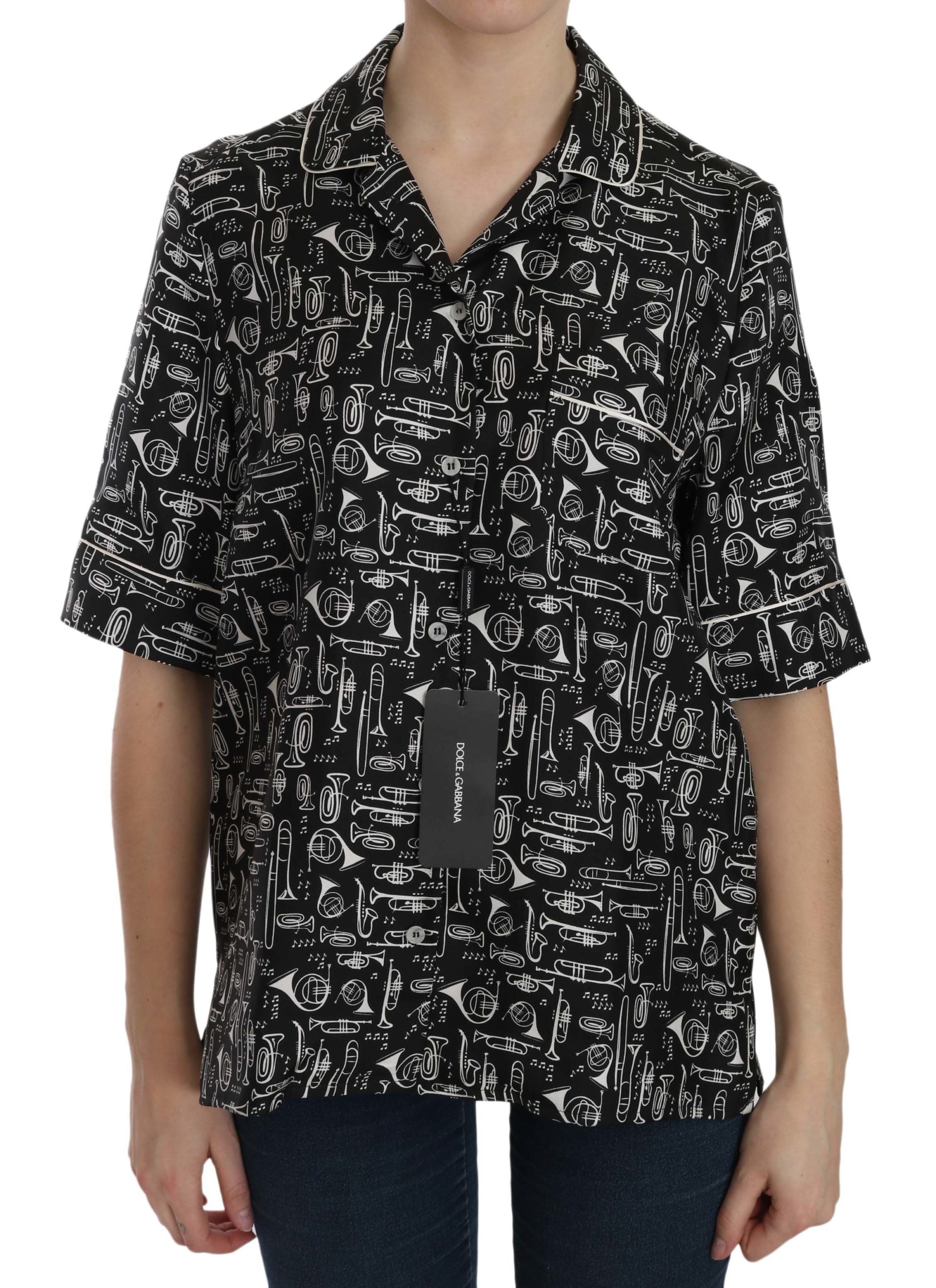 Dolce & Gabbana black silk top with musical instrument print-1
