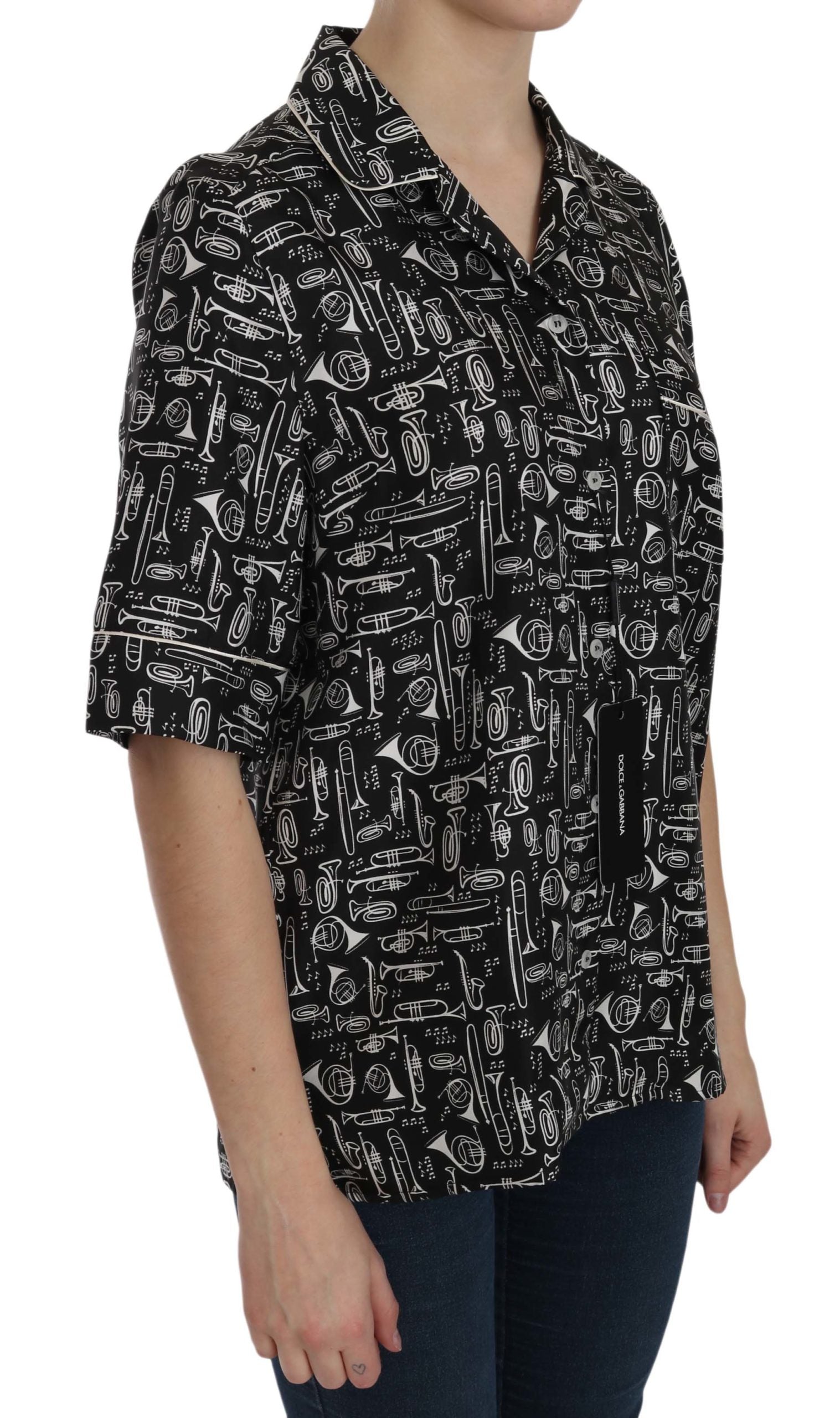 Dolce & Gabbana black silk top with musical instrument print-3