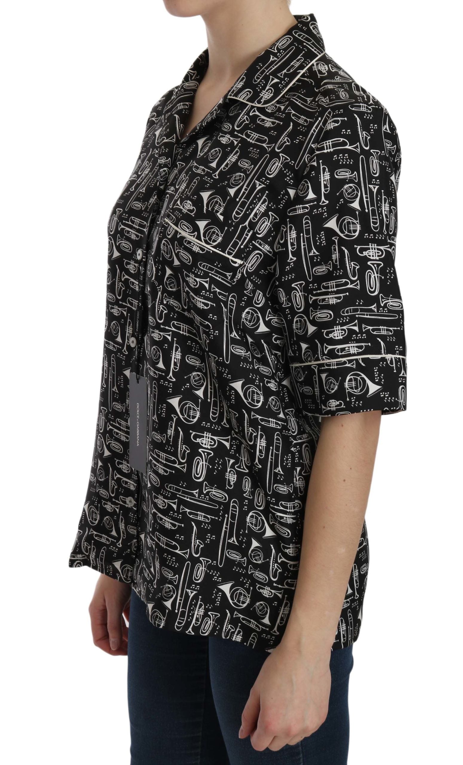 Dolce & Gabbana black silk top with musical instrument print-4
