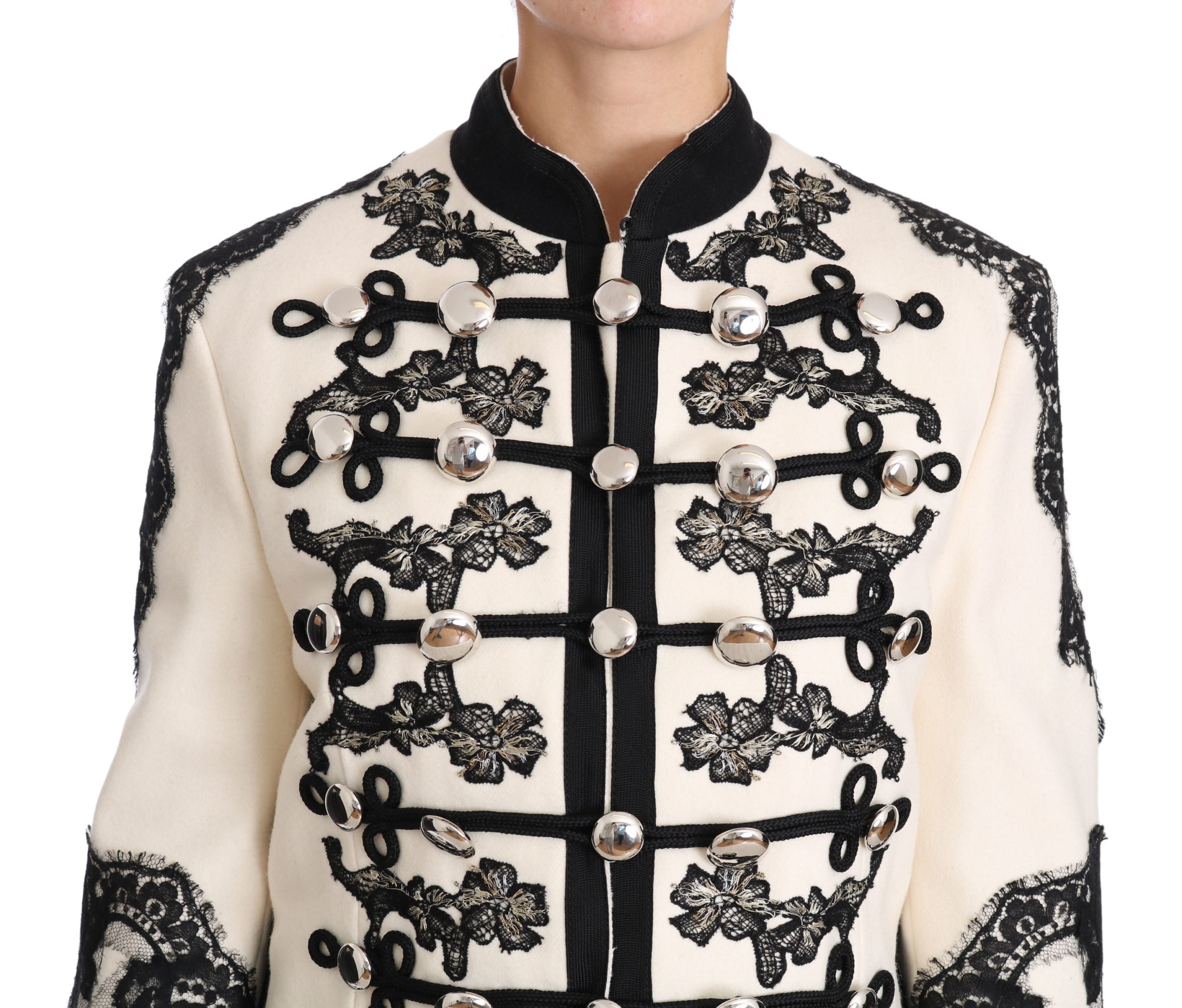 Dolce & Gabbana White Wool Black Floral Baroque Jacket-2