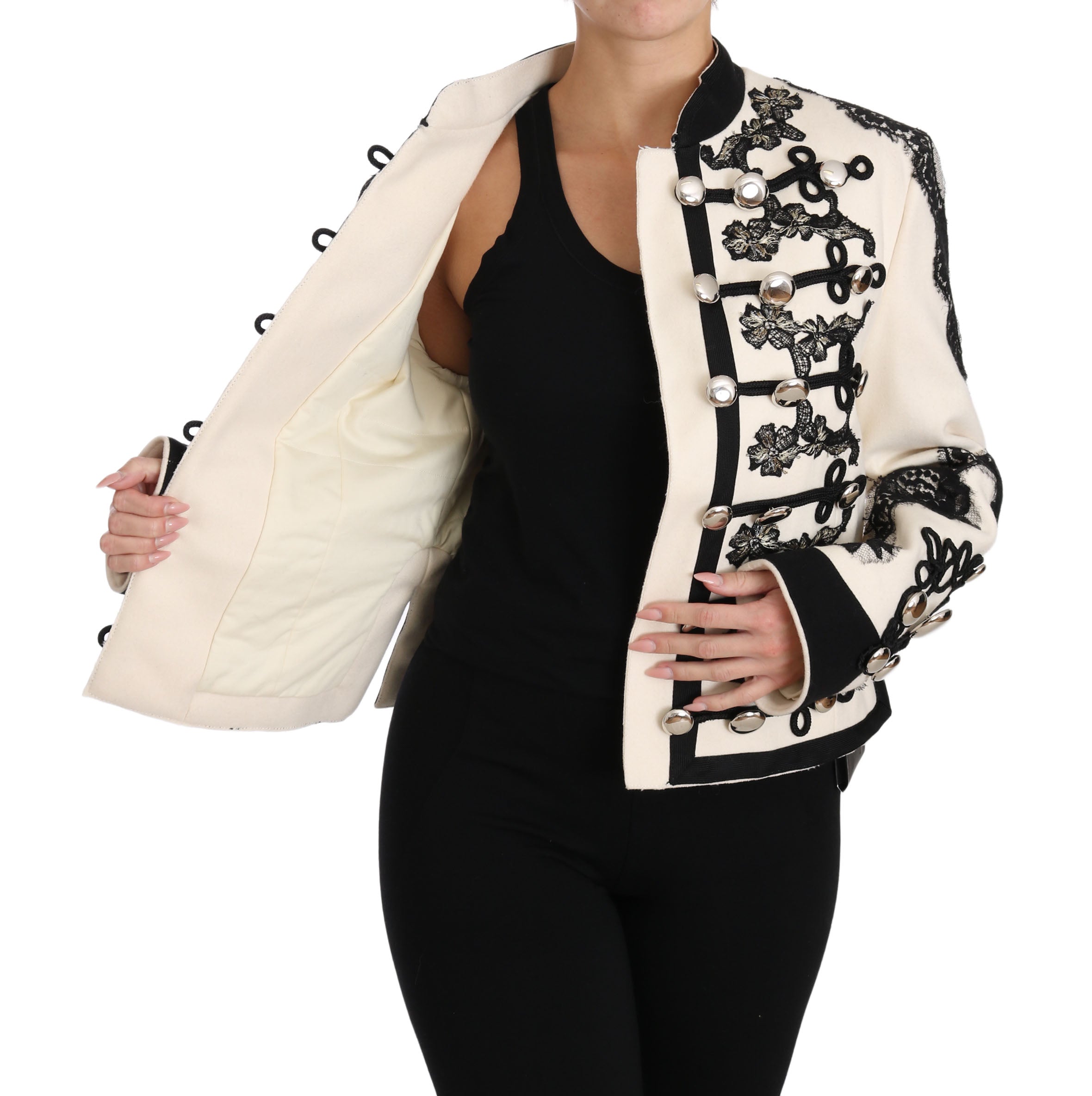 Dolce & Gabbana White Wool Black Floral Baroque Jacket-3