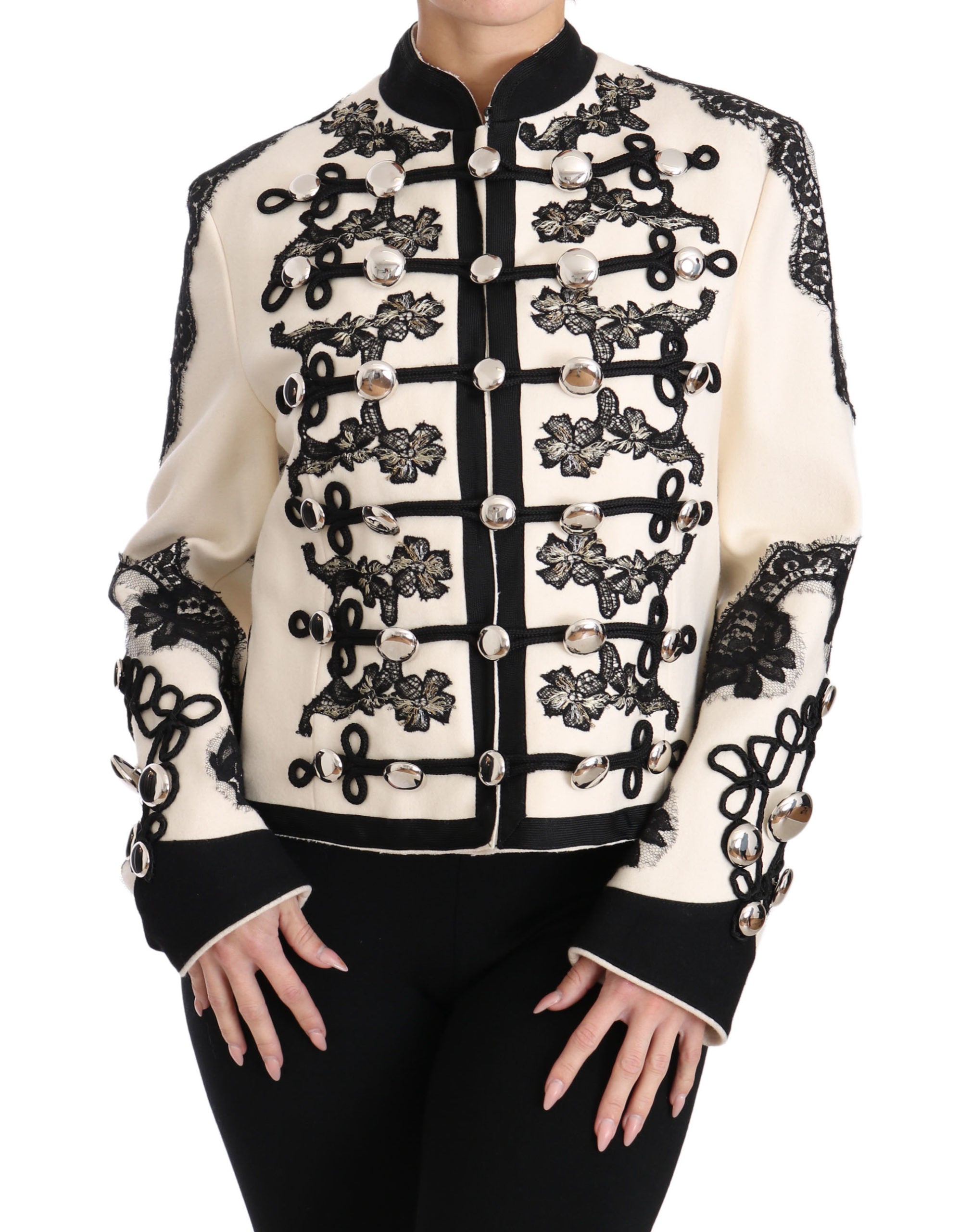 Dolce & Gabbana White Wool Black Floral Baroque Jacket-4