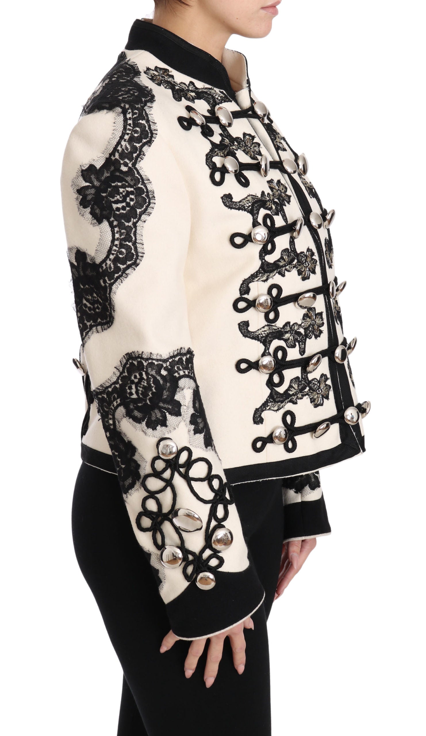 Dolce & Gabbana White Wool Black Floral Baroque Jacket-5