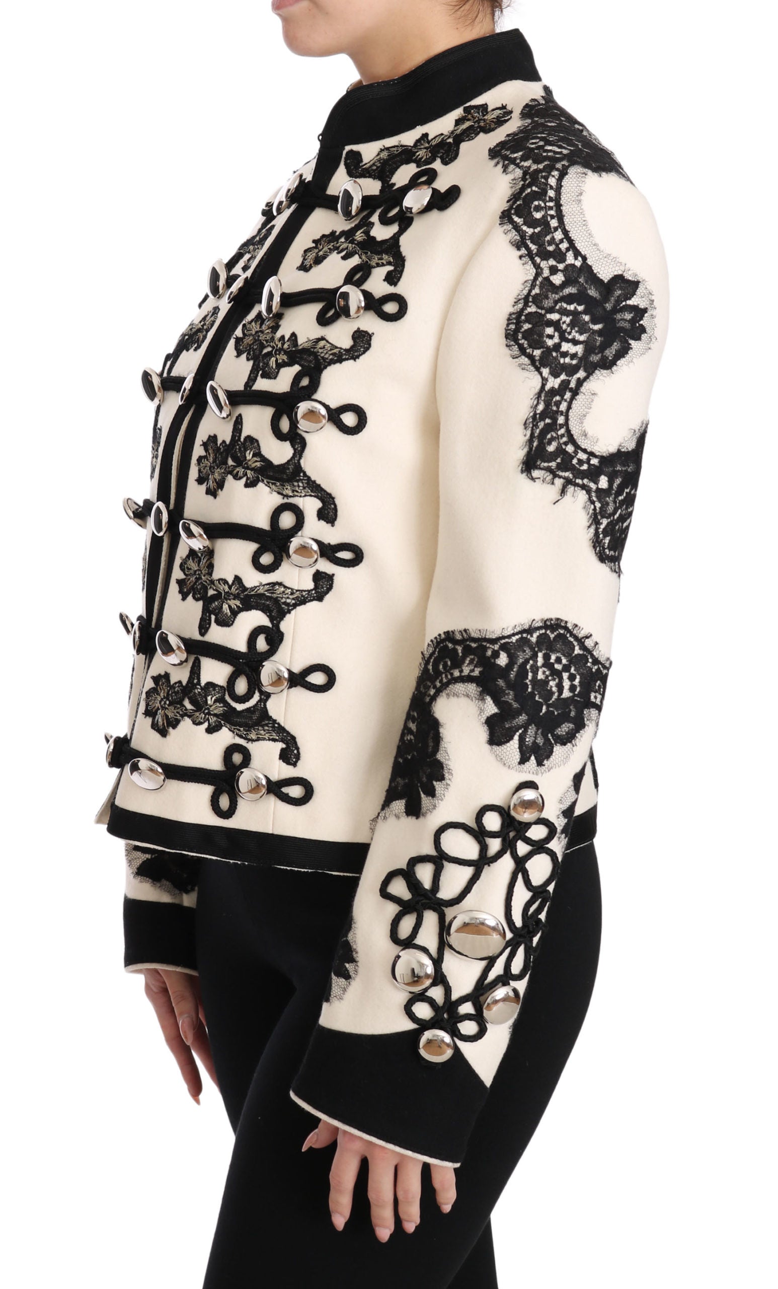 Dolce & Gabbana White Wool Black Floral Baroque Jacket-6