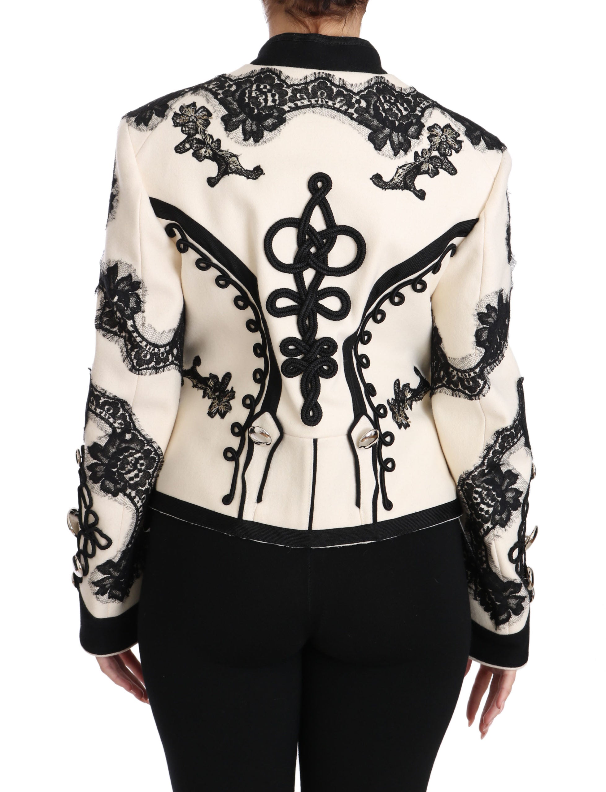 Dolce & Gabbana White Wool Black Floral Baroque Jacket-7