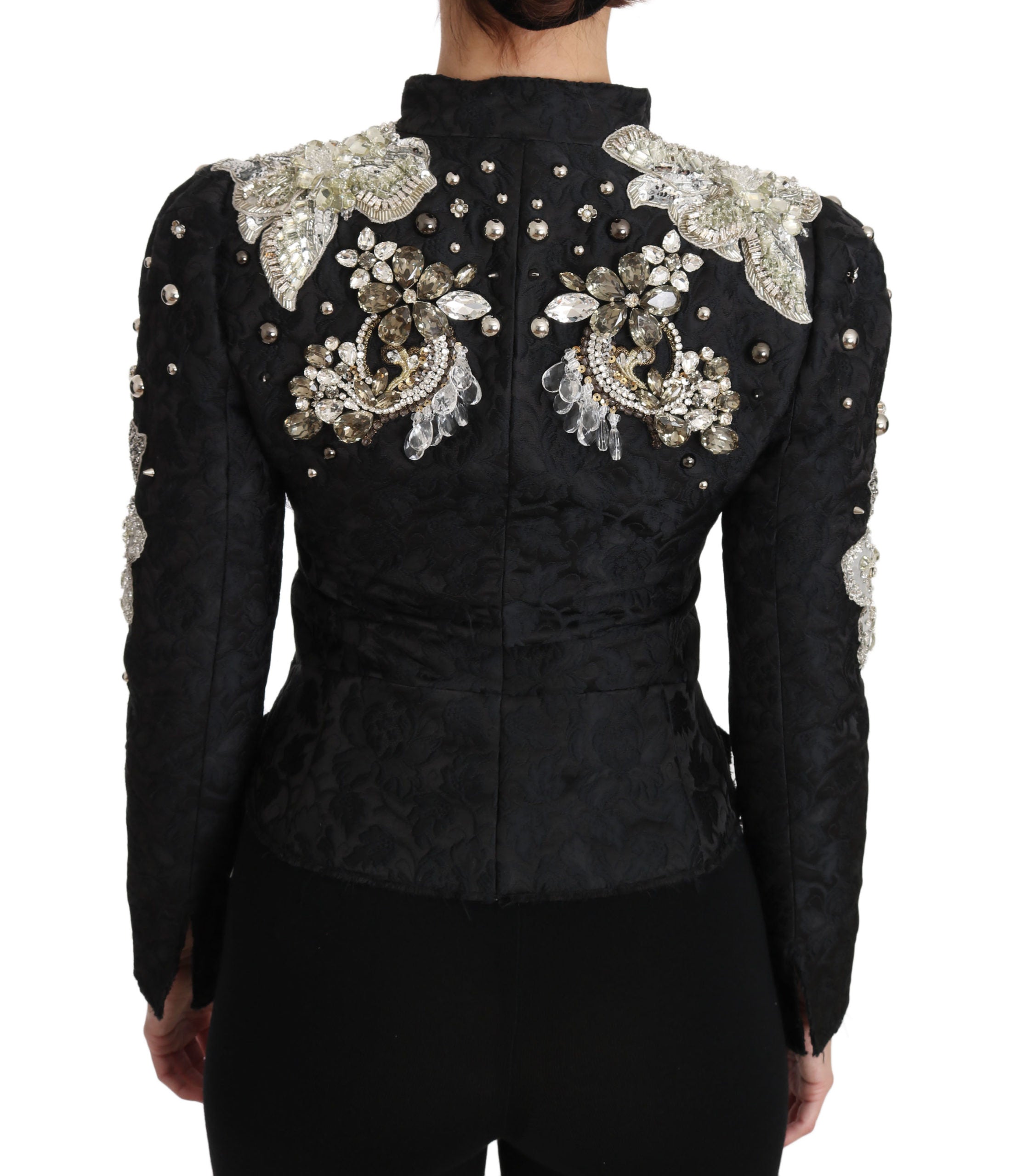 Dolce & Gabbana Black Jacquard Crystal Jacket with Floral Pattern-2