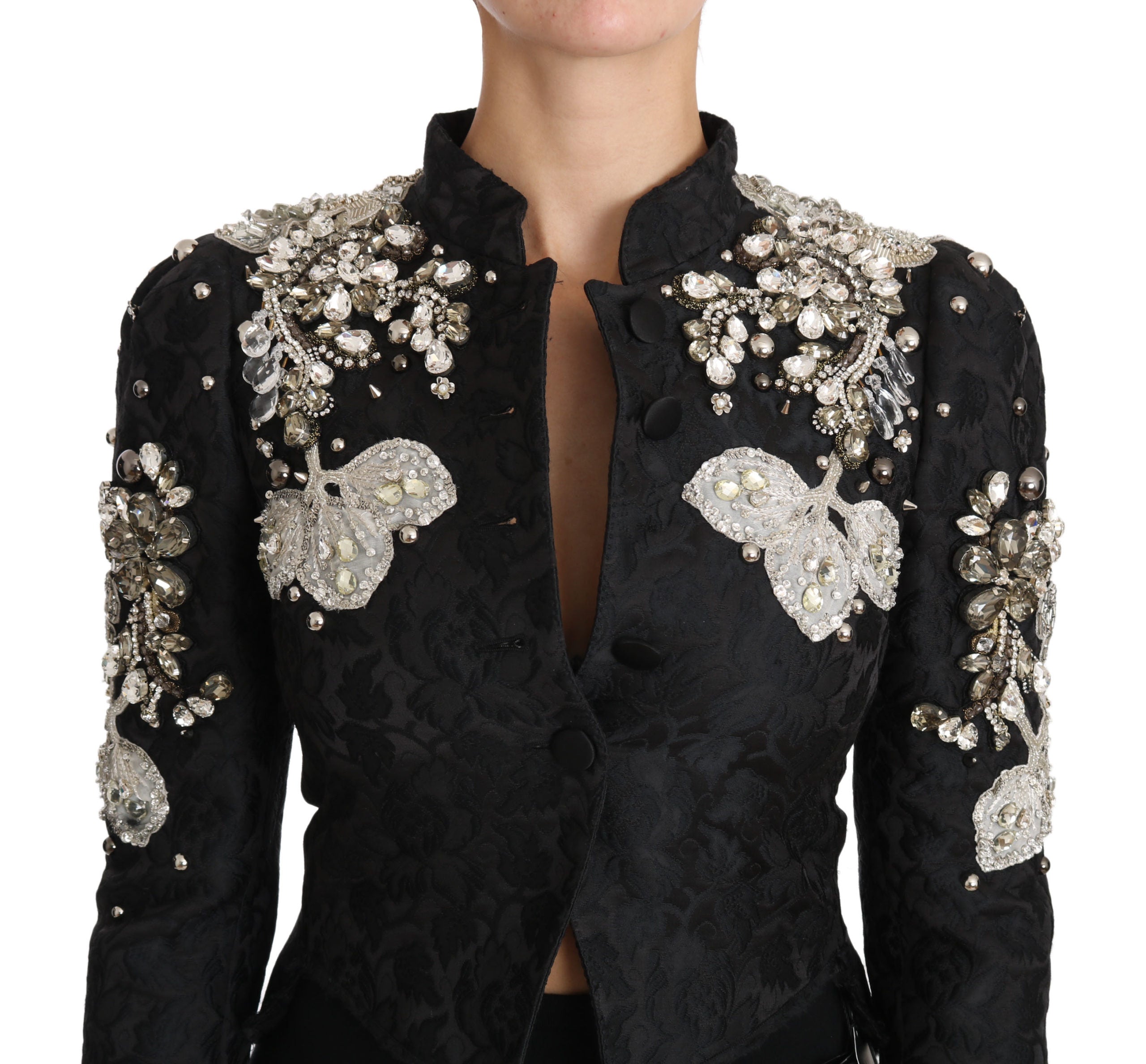 Dolce & Gabbana Black Jacquard Crystal Jacket with Floral Pattern-3