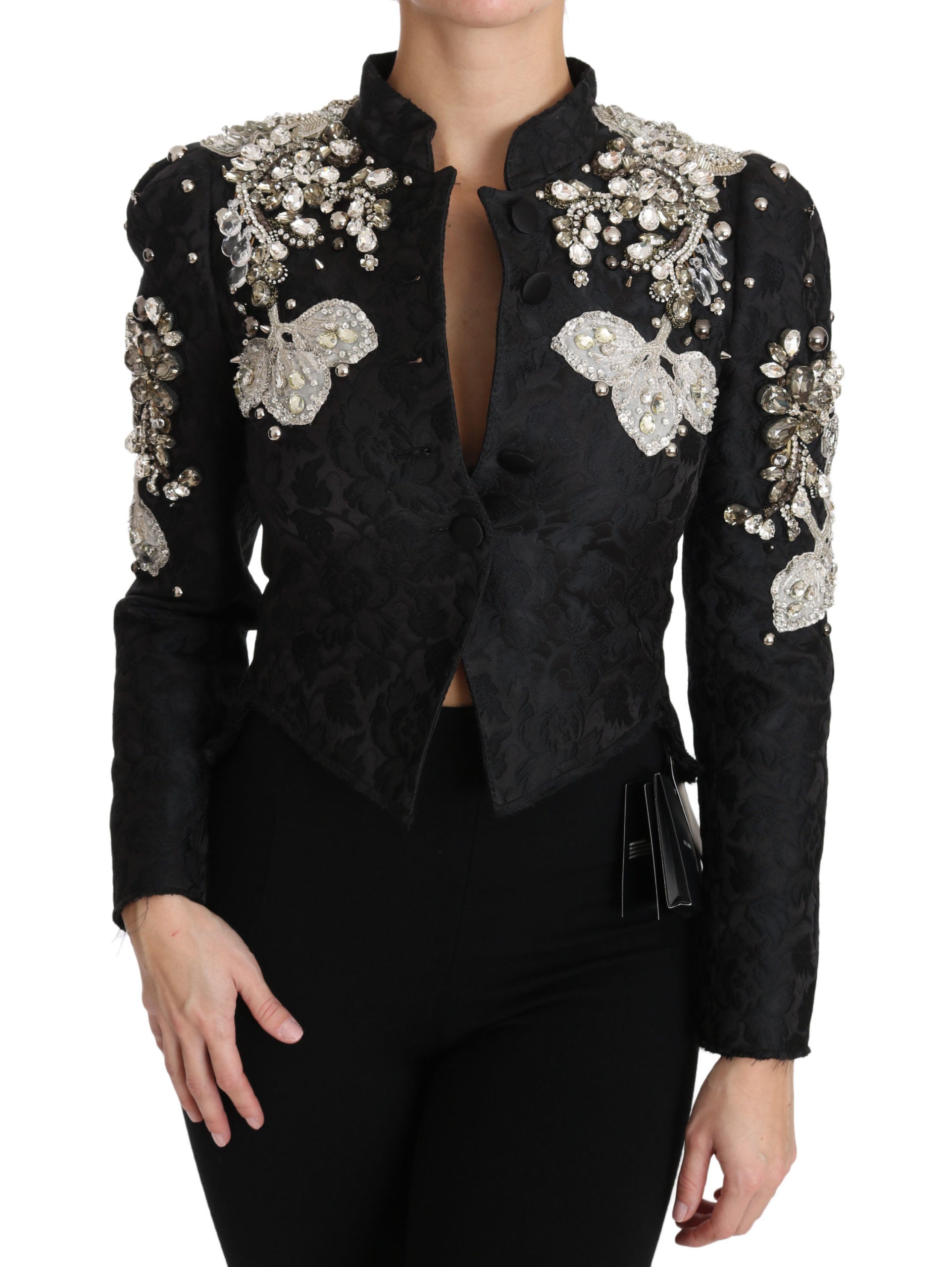 Dolce & Gabbana Black Jacquard Crystal Jacket with Floral Pattern-4