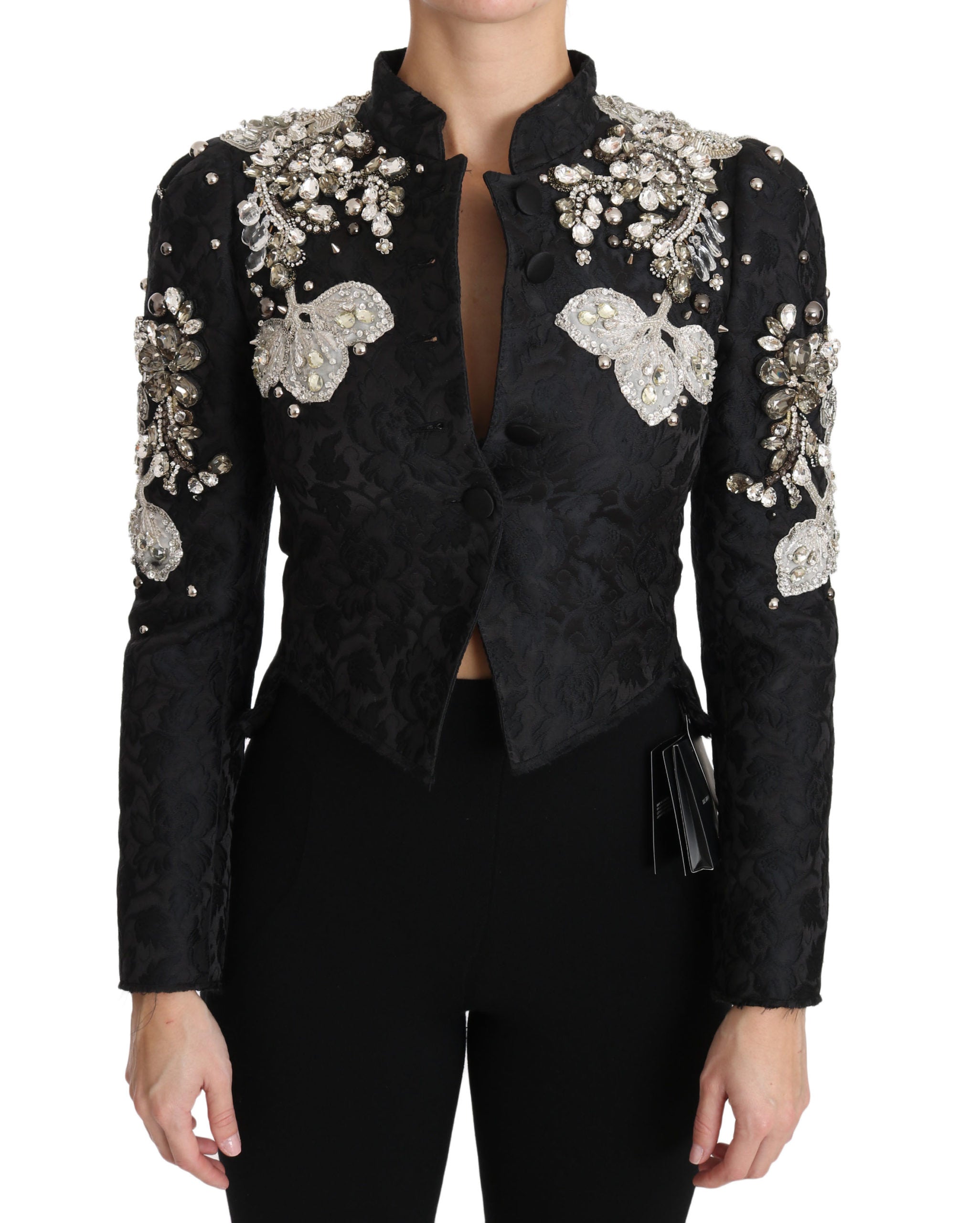 Dolce & Gabbana Black Jacquard Crystal Jacket with Floral Pattern
