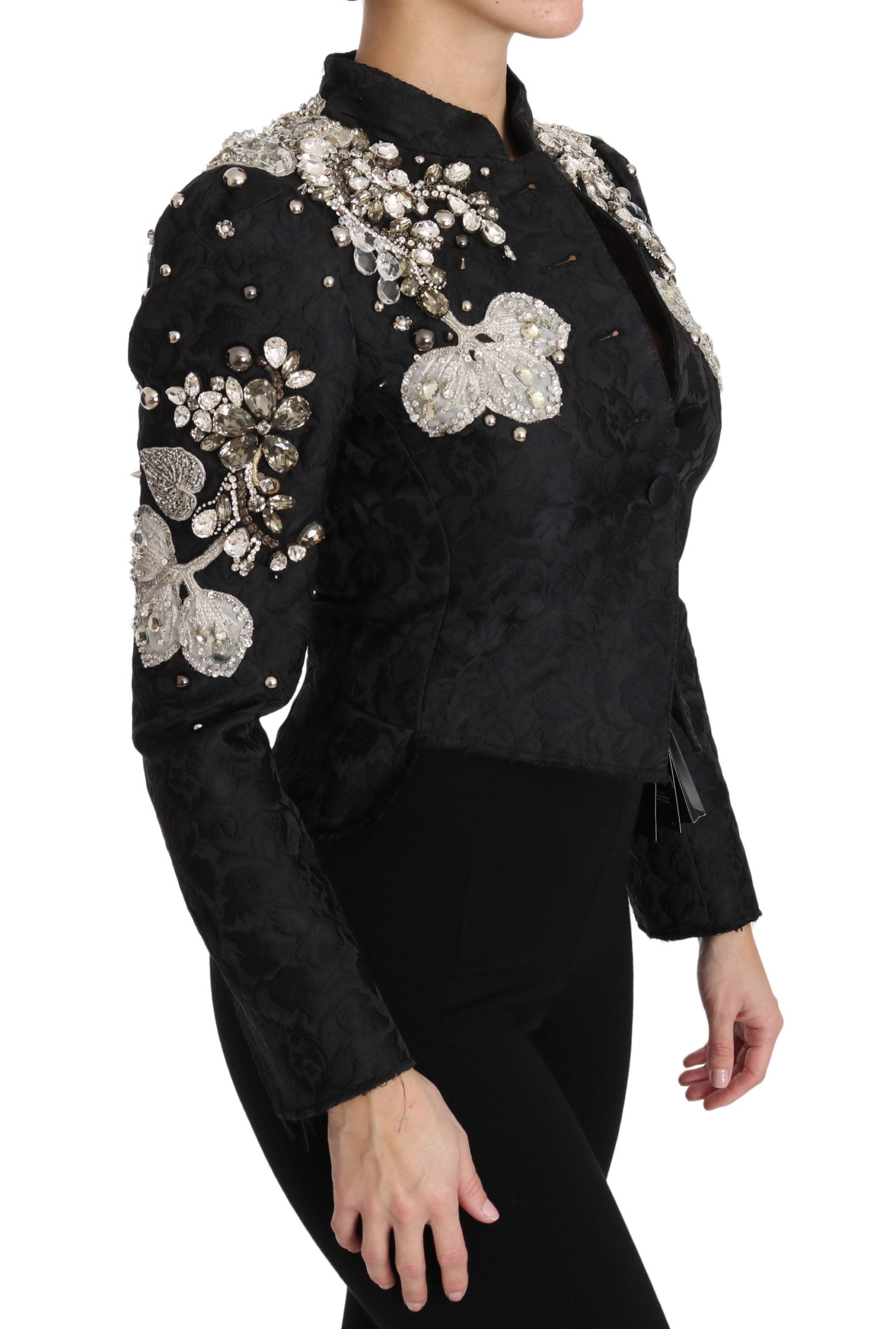 Dolce & Gabbana Black Jacquard Crystal Jacket with Floral Pattern-5